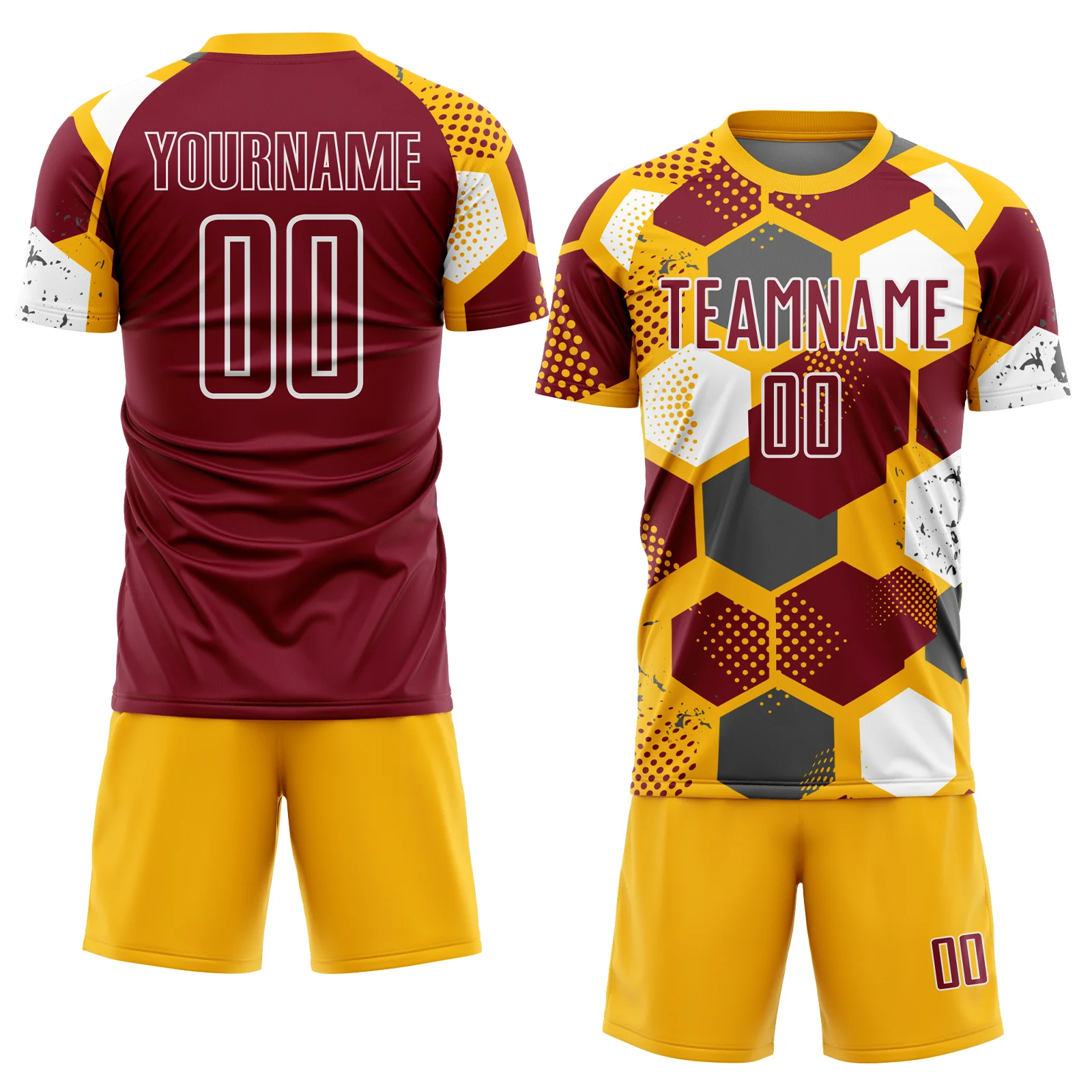 Custom Gold Crimson-White Geometric Shape Sublimation Soccer Uniform Jersey - Image 2