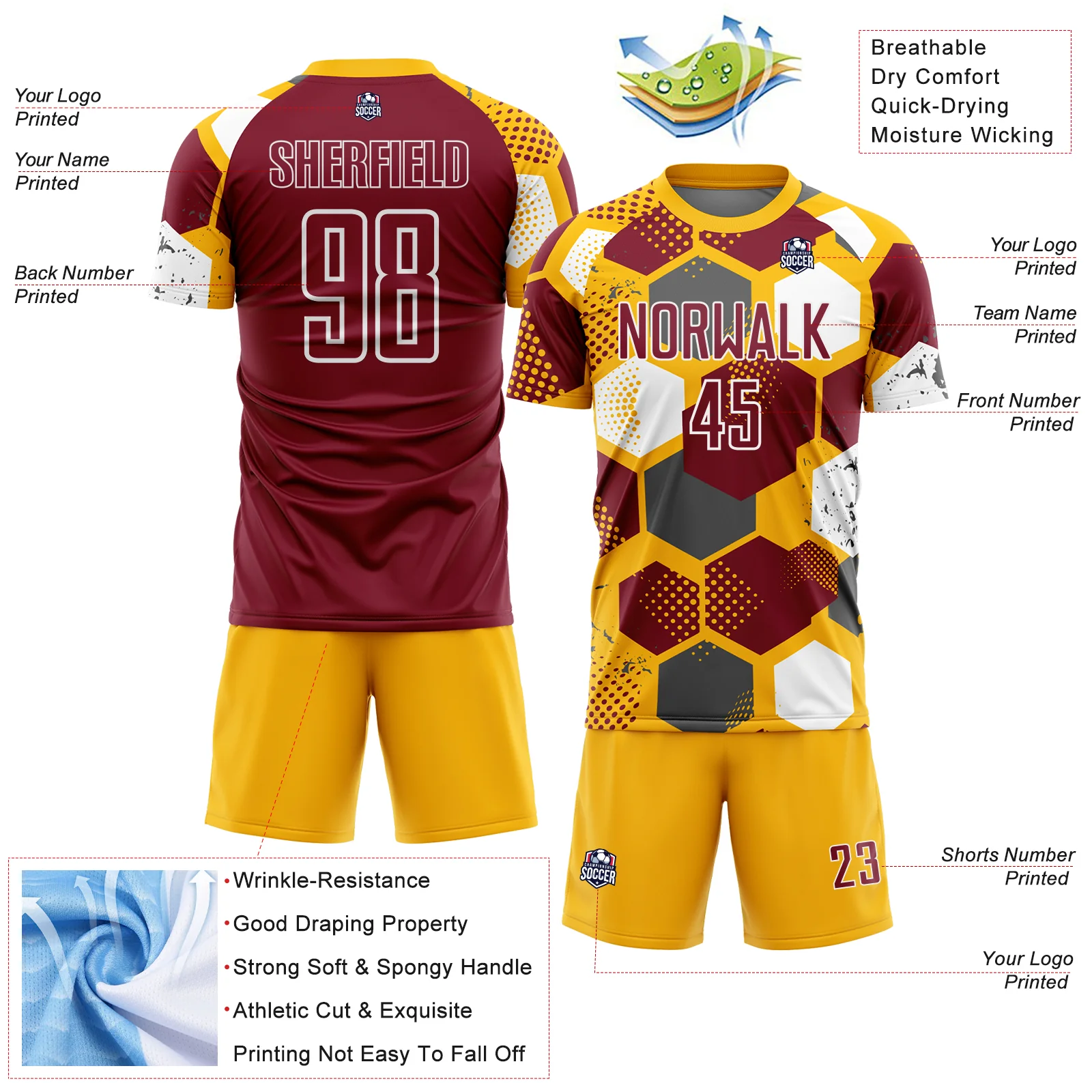 Custom Gold Crimson-White Geometric Shape Sublimation Soccer Uniform Jersey - Image 4