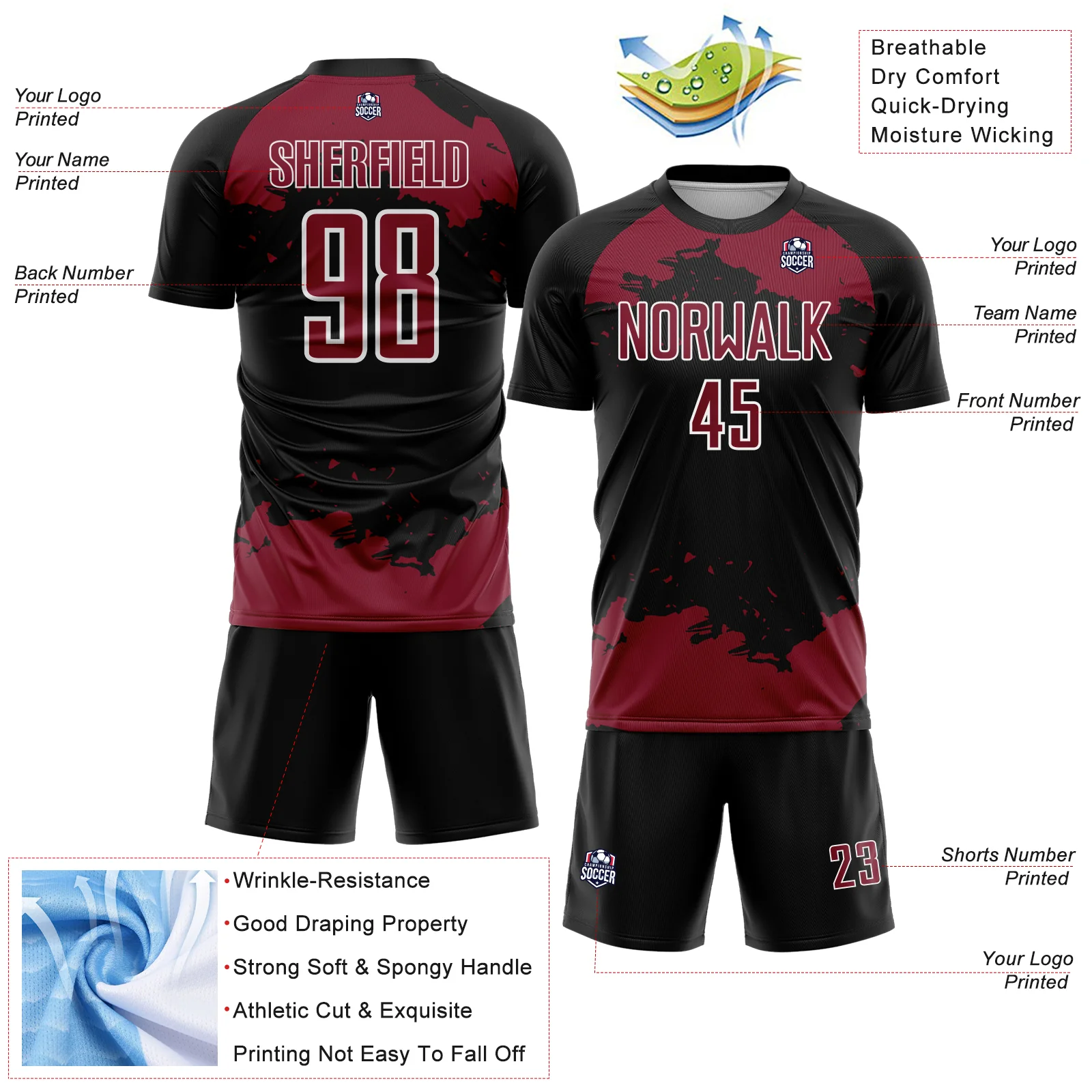 Custom Black Crimson-White Abstract Fragment Art Sublimation Soccer Uniform Jersey - Image 4