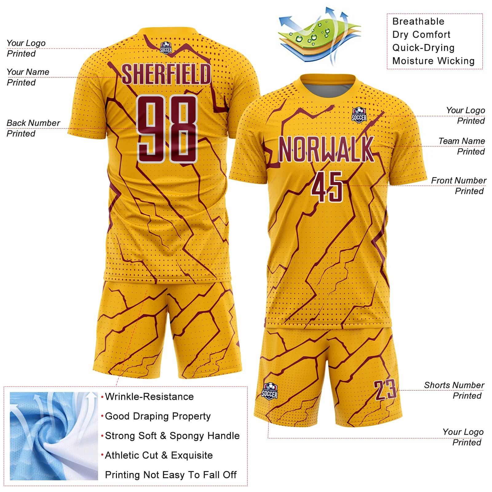Custom Gold Crimson-White Lightning Sports Sublimation Soccer Uniform Jersey - Image 4