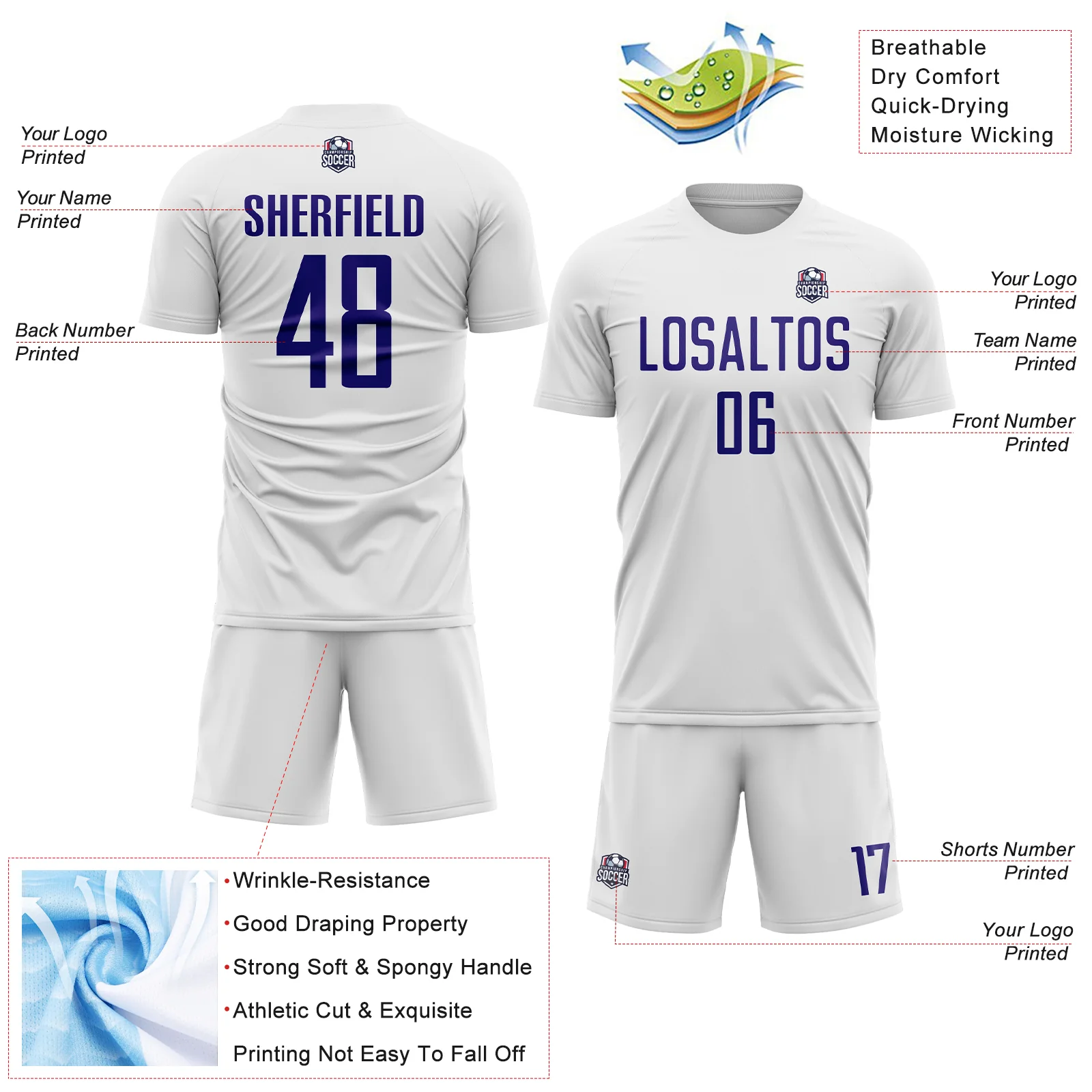 Custom White Dark Purple Sublimation Soccer Uniform Jersey - Image 4