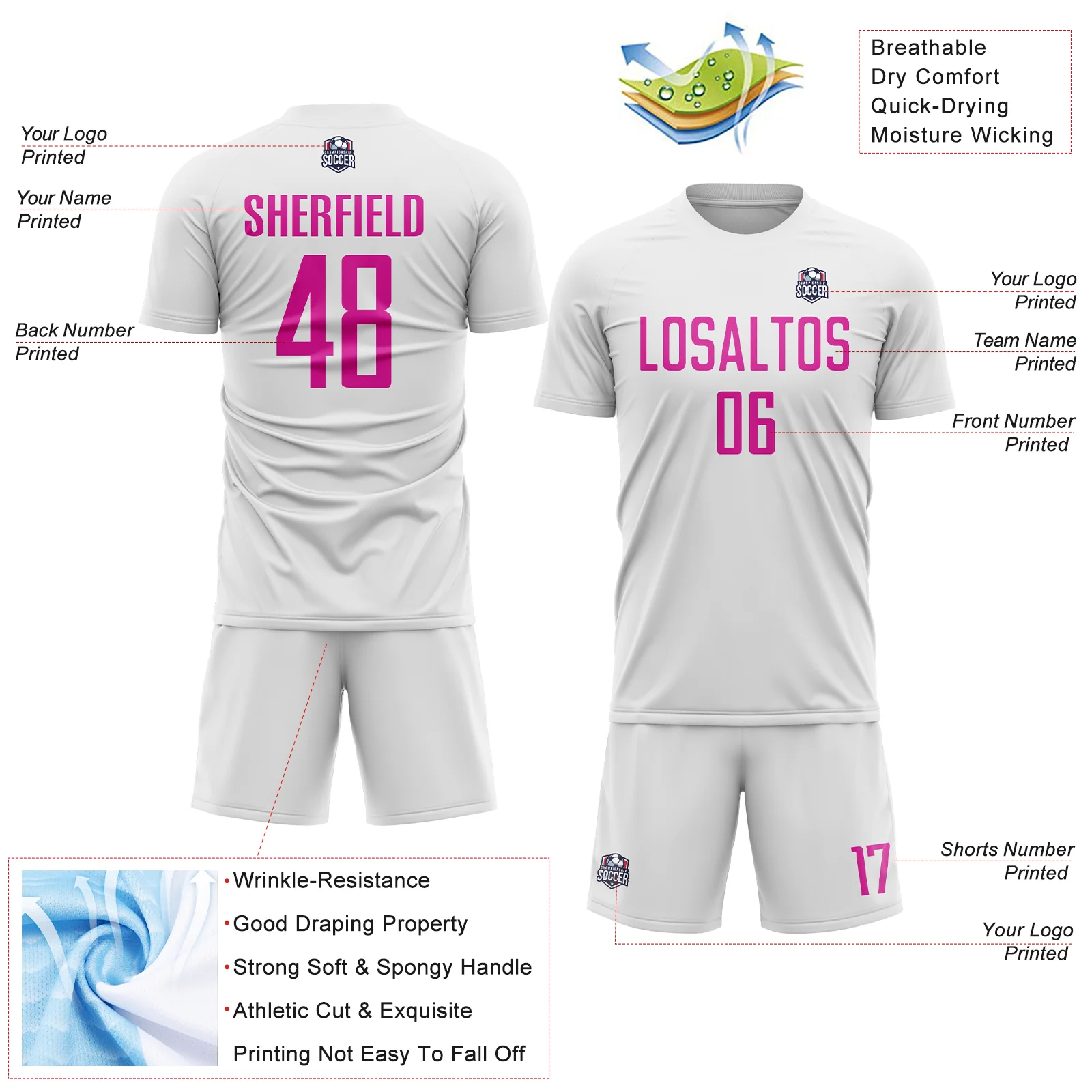 Custom White Deep Pink Sublimation Soccer Uniform Jersey - Image 4