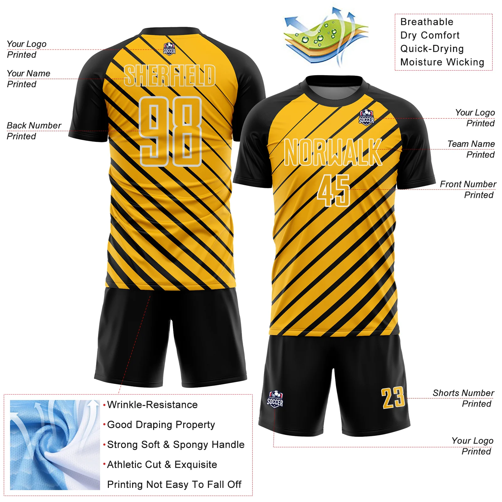 Custom Black Gold-White Lines Sublimation Soccer Uniform Jersey - Image 4
