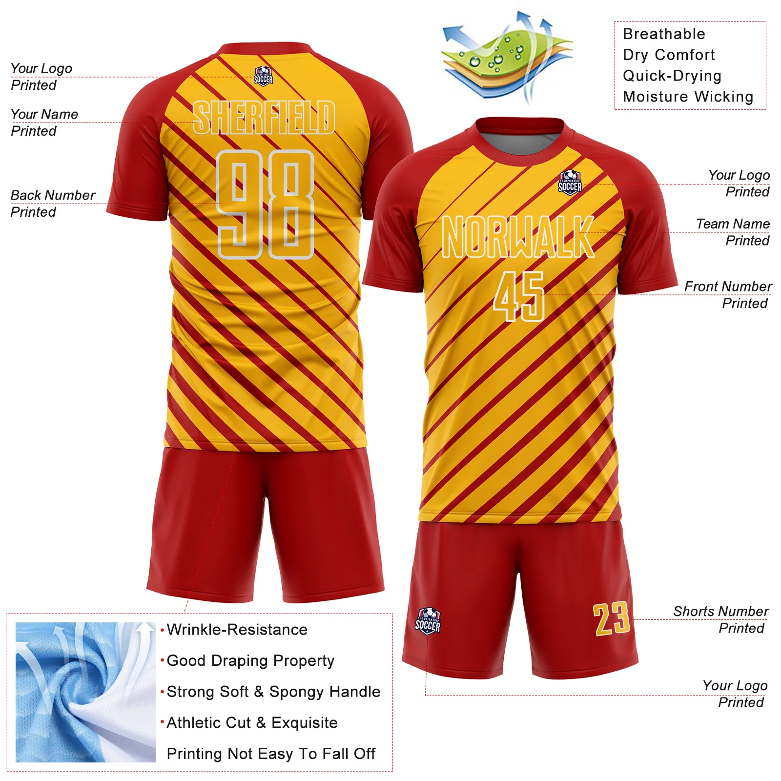 Custom Red Gold-White Lines Sublimation Soccer Uniform Jersey - Image 4