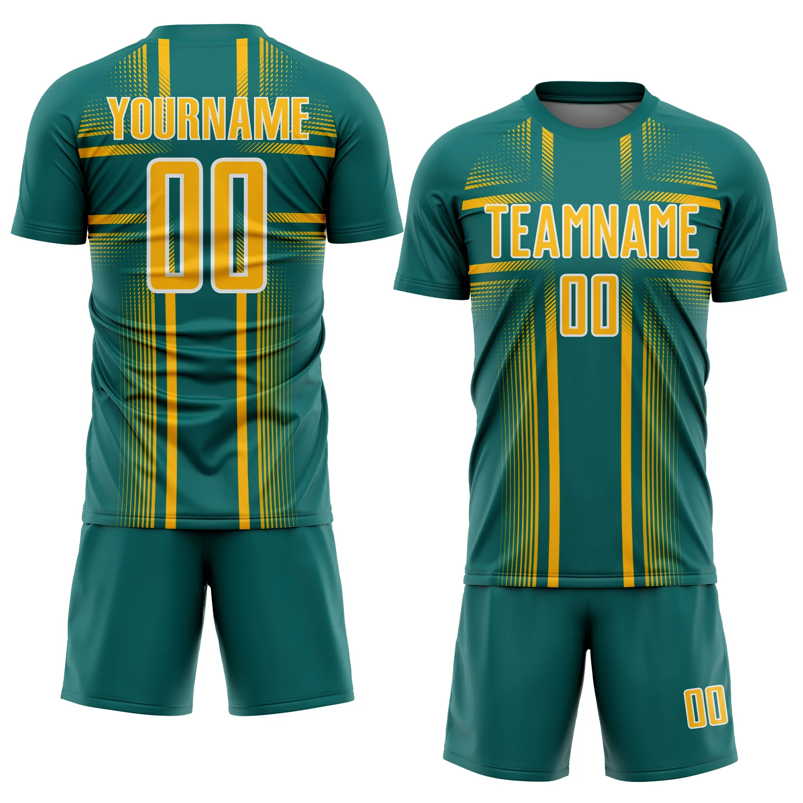 Custom Teal Gold-White Lines Sublimation Soccer Uniform Jersey - Image 2