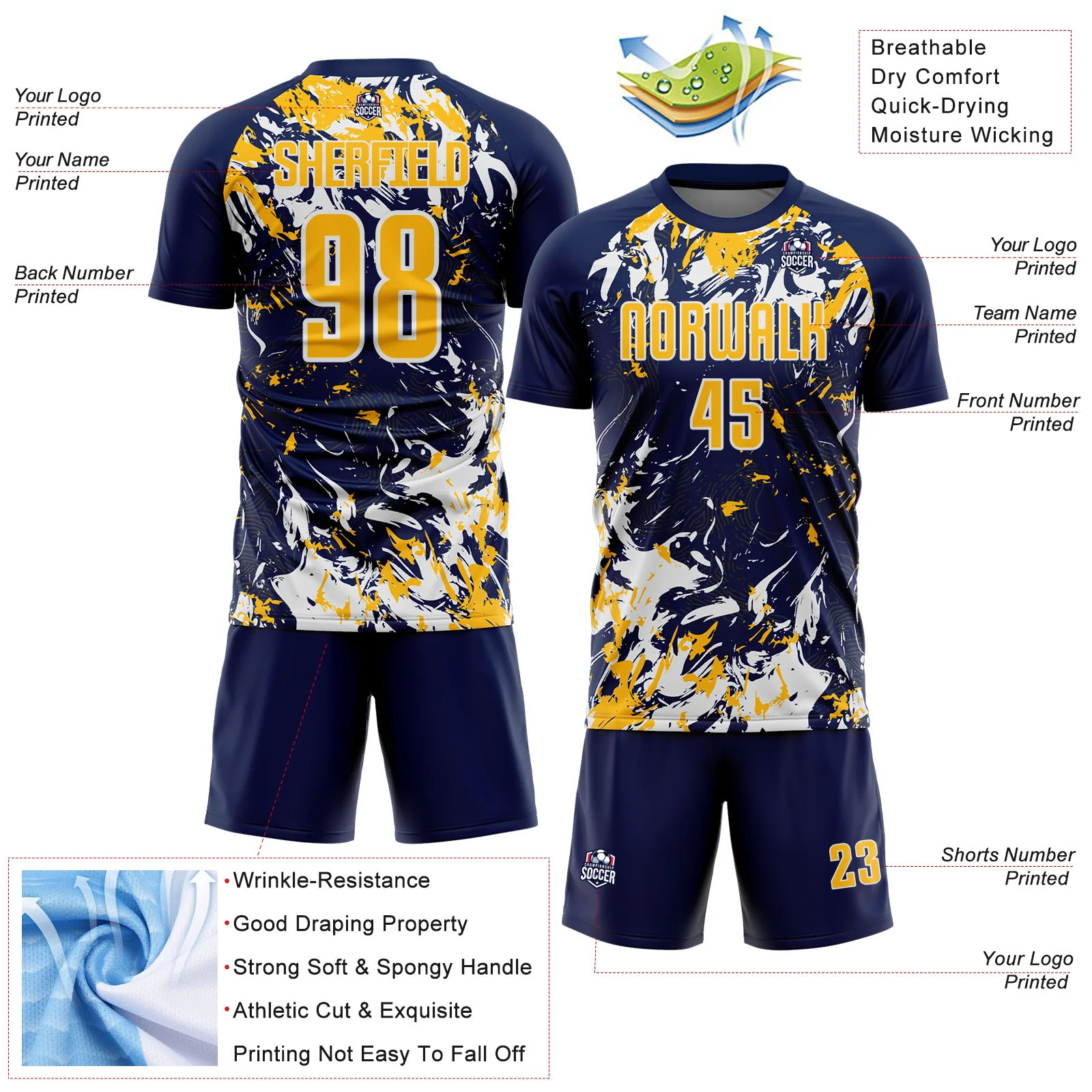 Custom Navy Gold-White Fluid Art Splash Sublimation Soccer Uniform Jersey - Image 4