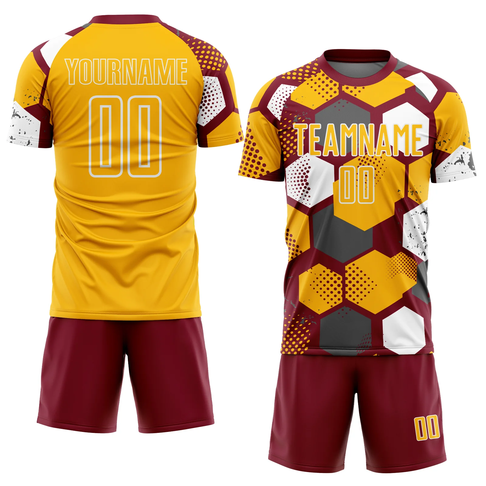 Custom Crimson Gold-White Geometric Shape Sublimation Soccer Uniform Jersey - Image 2