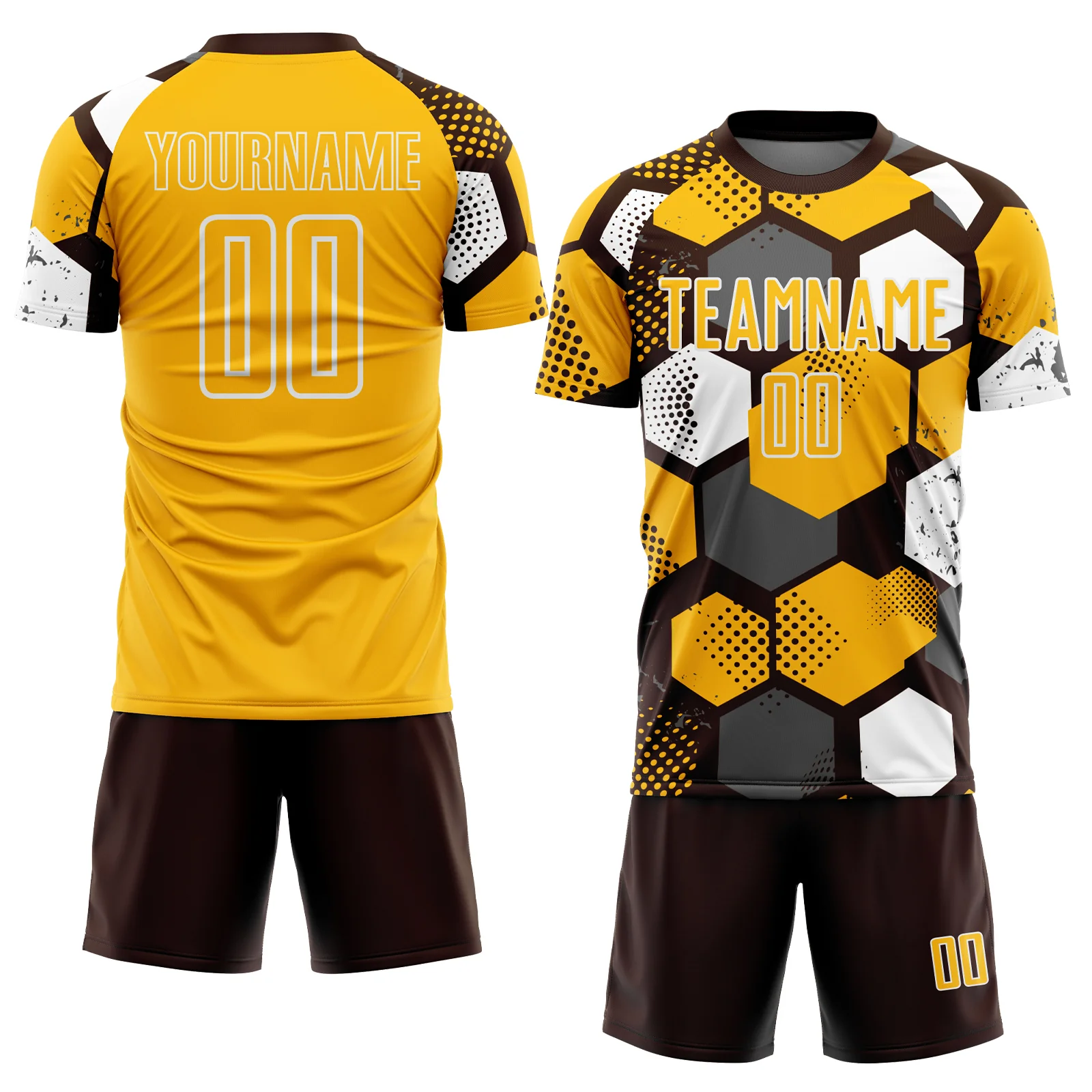 Custom Brown Gold-White Geometric Shape Sublimation Soccer Uniform Jersey - Image 2