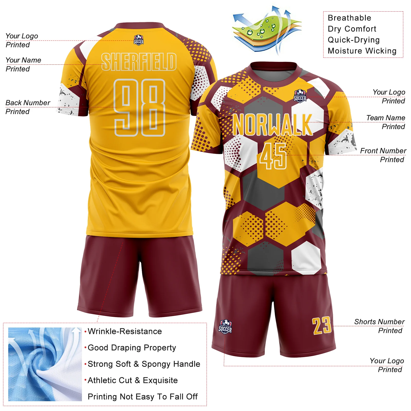 Custom Burgundy Gold-White Geometric Shape Sublimation Soccer Uniform Jersey - Image 4
