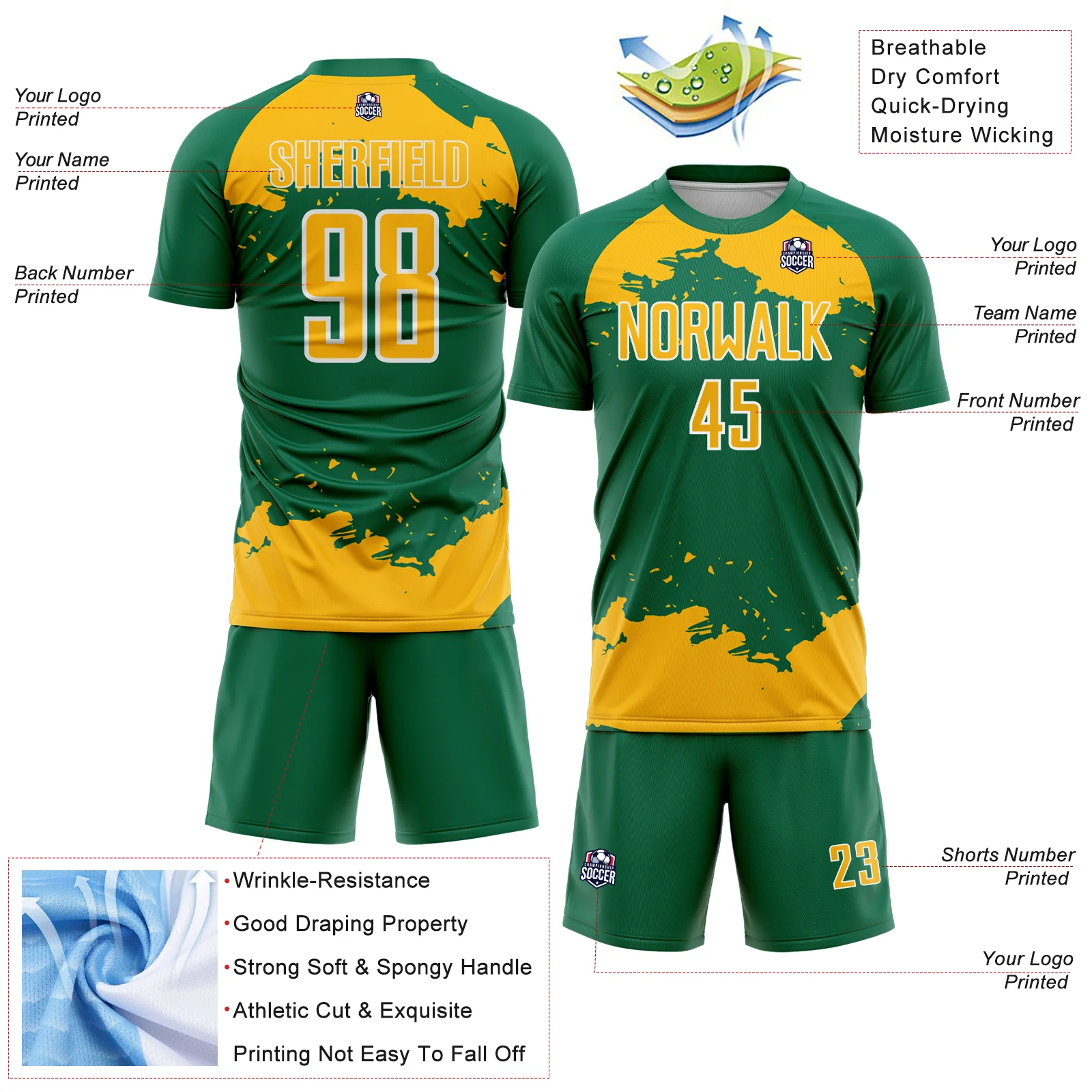 Custom Kelly Green Gold-White Abstract Fragment Art Sublimation Soccer Uniform Jersey - Image 4