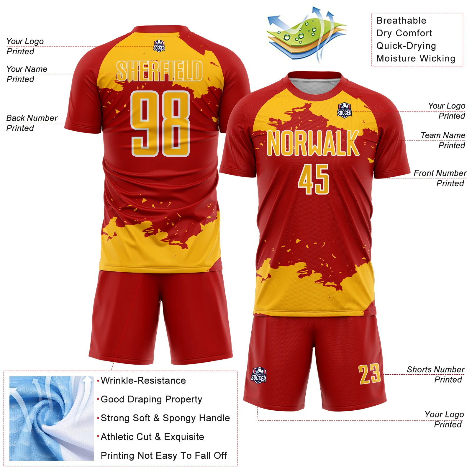 Custom Red Gold-White Abstract Fragment Art Sublimation Soccer Uniform Jersey - Image 4