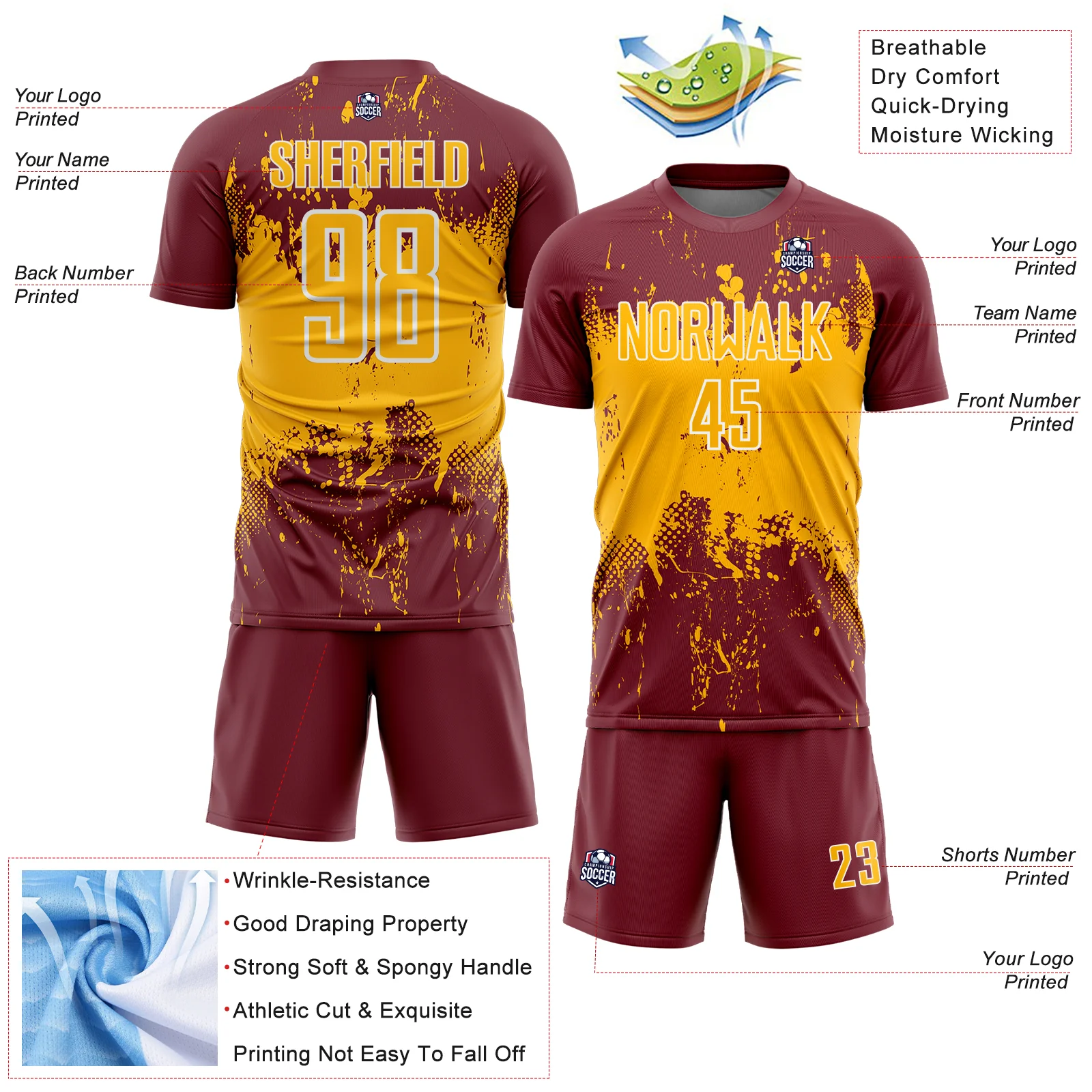 Custom Burgundy Gold-White Abstract Splatter Grunge Art Sports Sublimation Soccer Uniform Jersey - Image 4