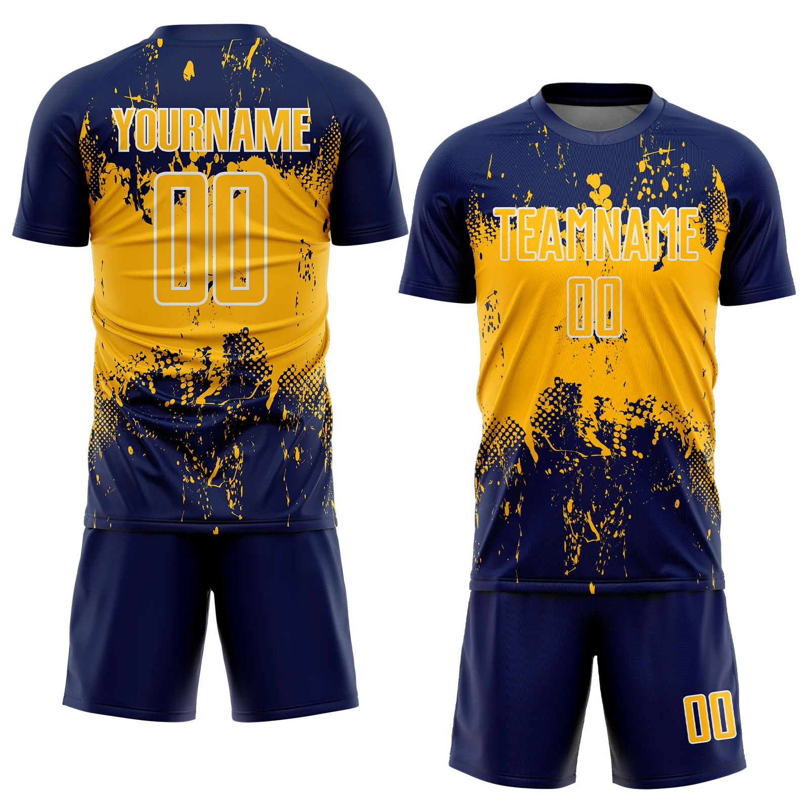 Custom Navy Gold-White Abstract Splatter Grunge Art Sports Sublimation Soccer Uniform Jersey - Image 2