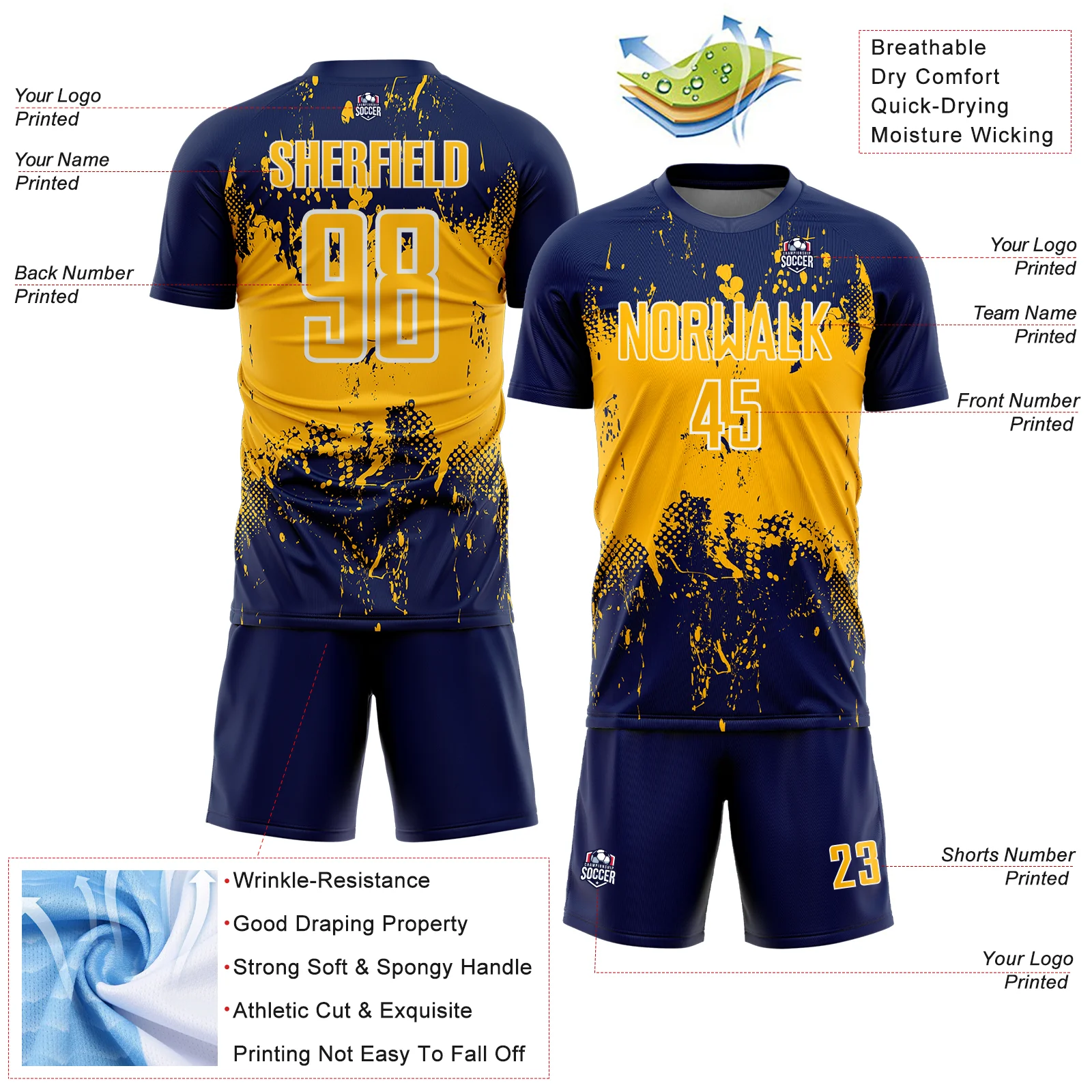 Custom Navy Gold-White Abstract Splatter Grunge Art Sports Sublimation Soccer Uniform Jersey - Image 4