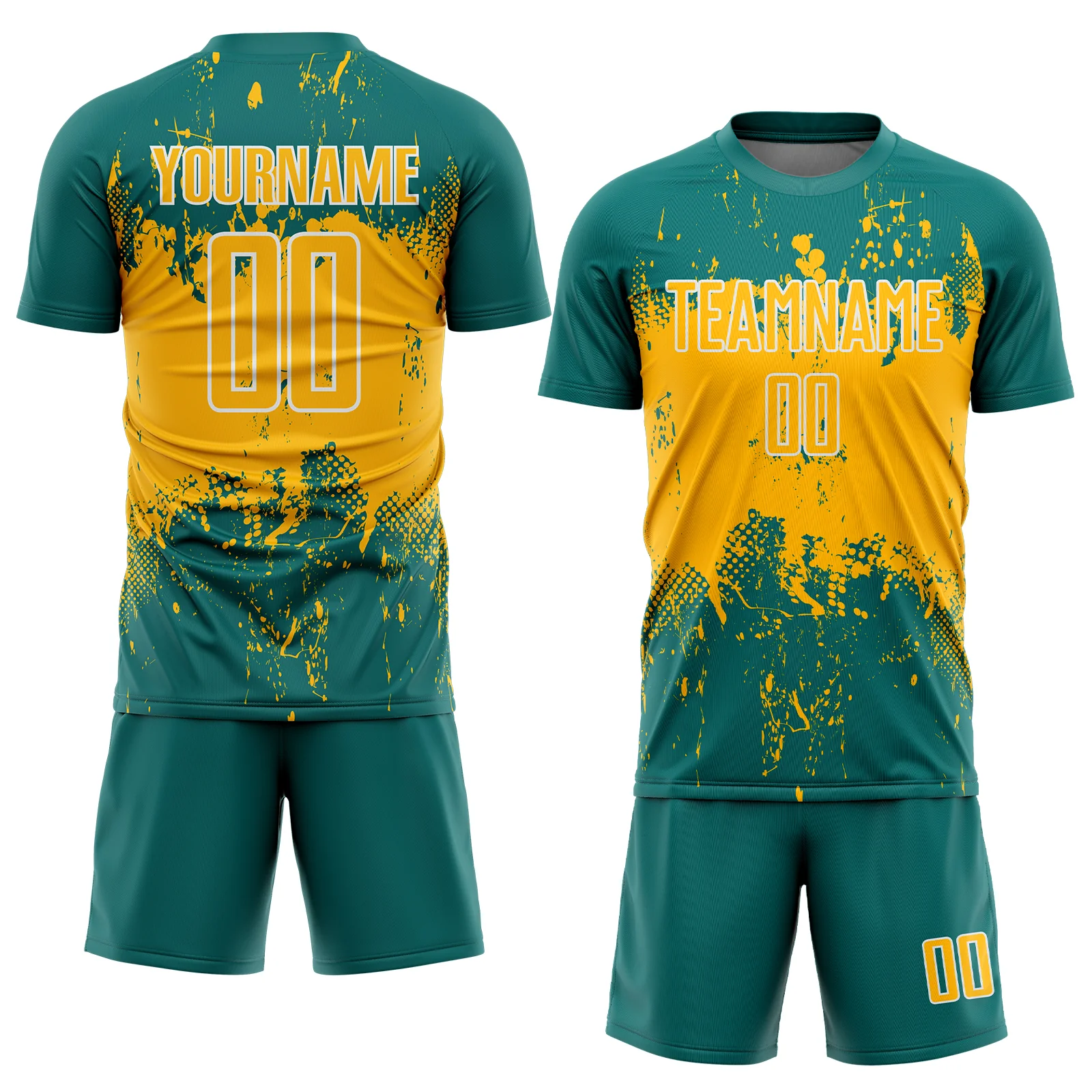 Custom Teal Gold-White Abstract Splatter Grunge Art Sports Sublimation Soccer Uniform Jersey - Image 2