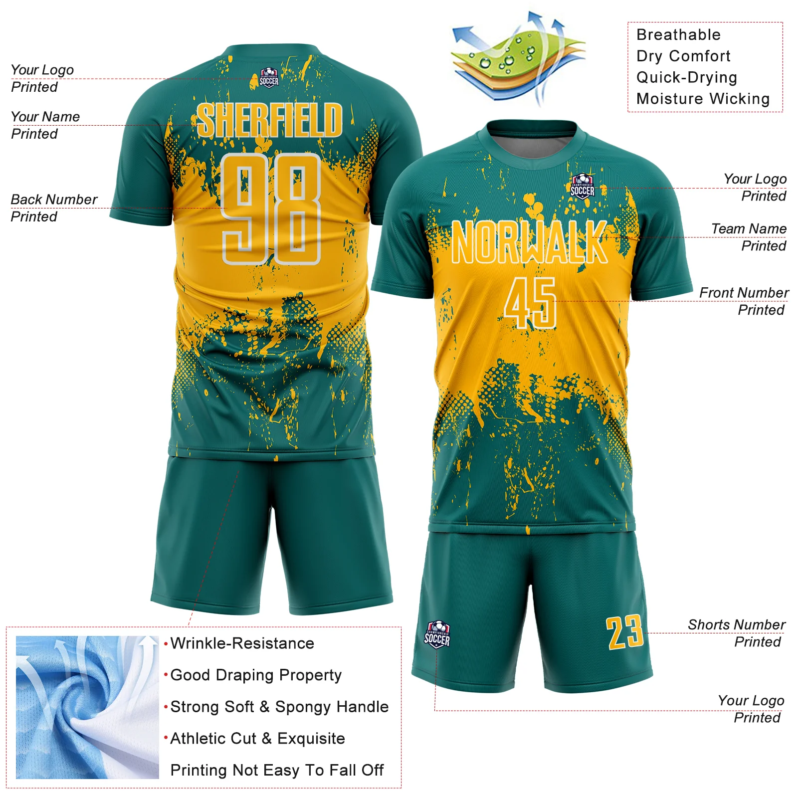 Custom Teal Gold-White Abstract Splatter Grunge Art Sports Sublimation Soccer Uniform Jersey - Image 4