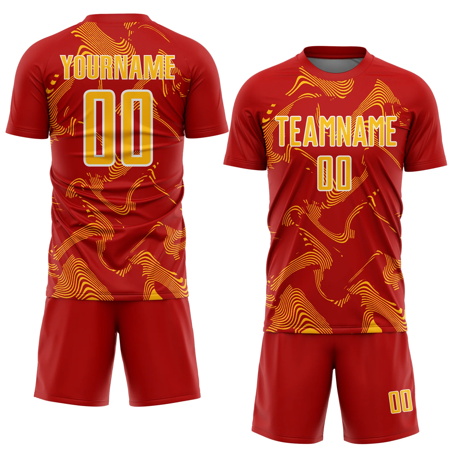 Custom Red Gold-White Curve Lines Sports Sublimation Soccer Uniform Jersey - Image 2
