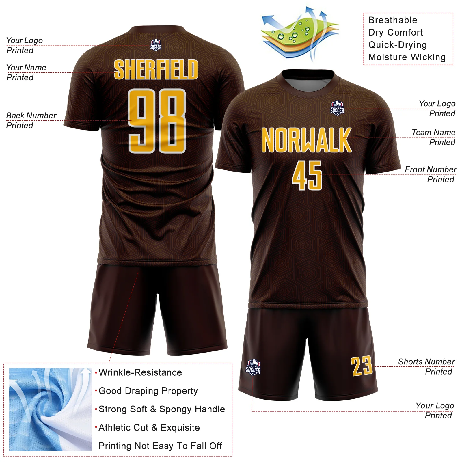 Custom Brown Gold-White Geometric Shape Sports Sublimation Soccer Uniform Jersey - Image 4