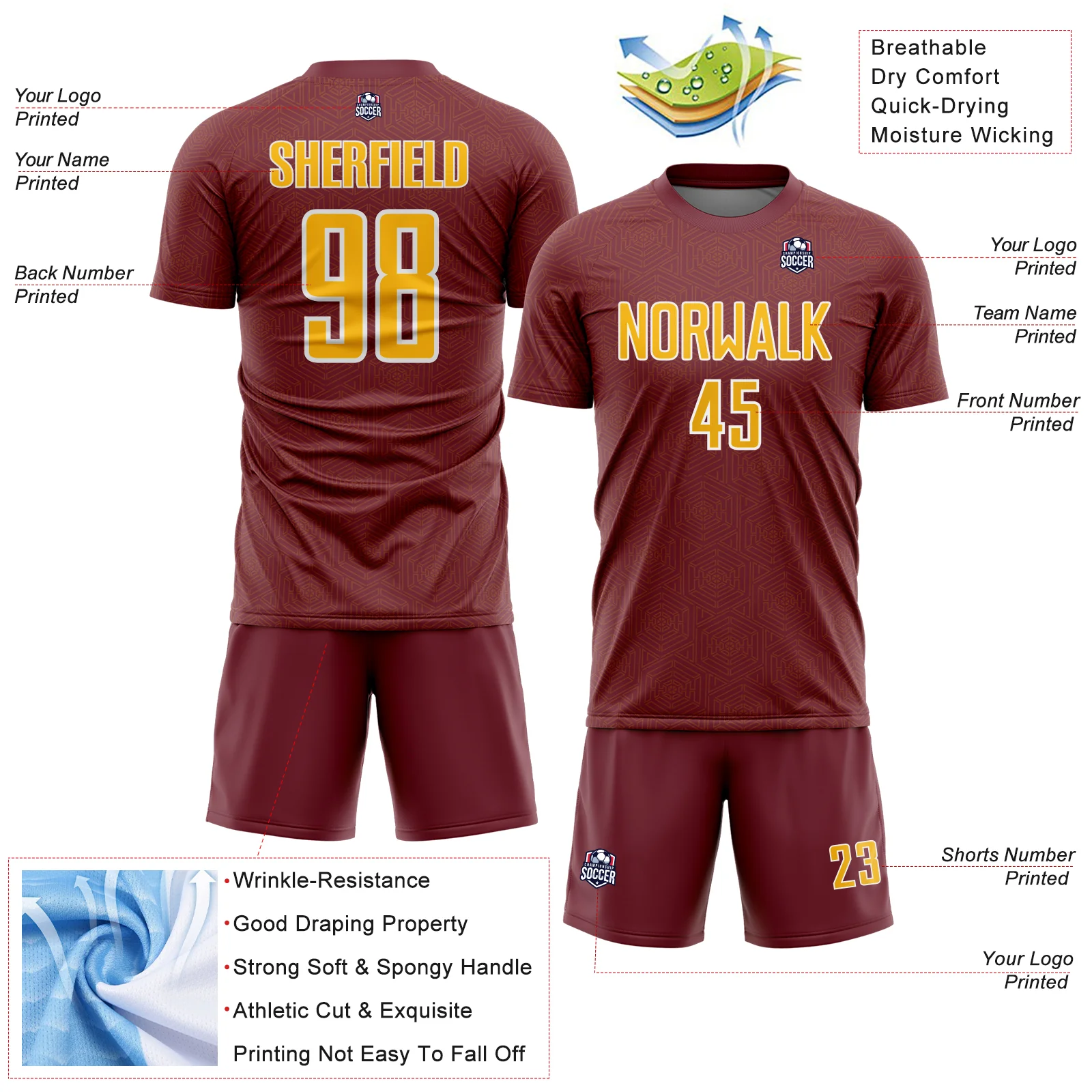Custom Burgundy Gold-White Geometric Shape Sports Sublimation Soccer Uniform Jersey - Image 4