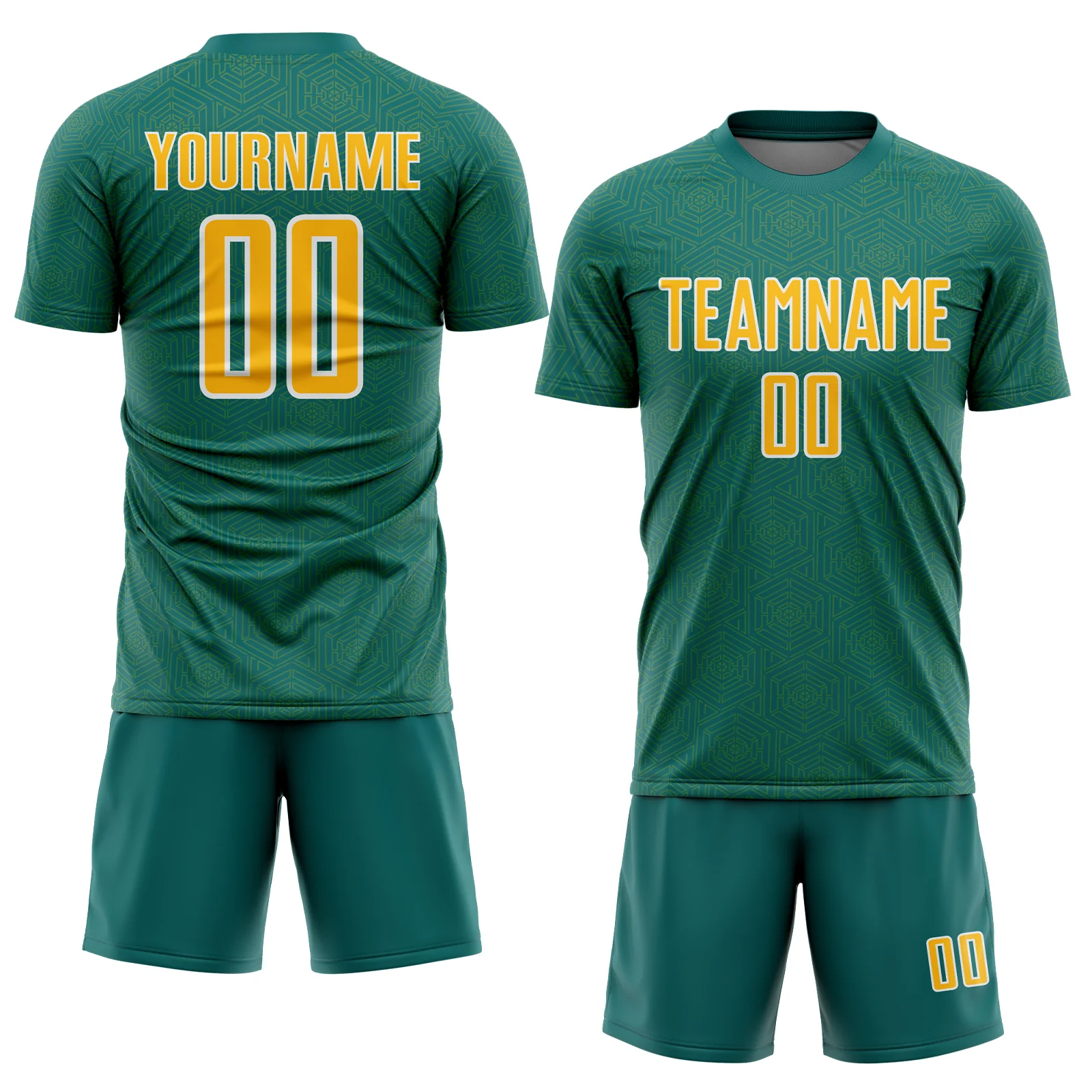 Custom Teal Gold-White Geometric Shape Sports Sublimation Soccer Uniform Jersey - Image 2