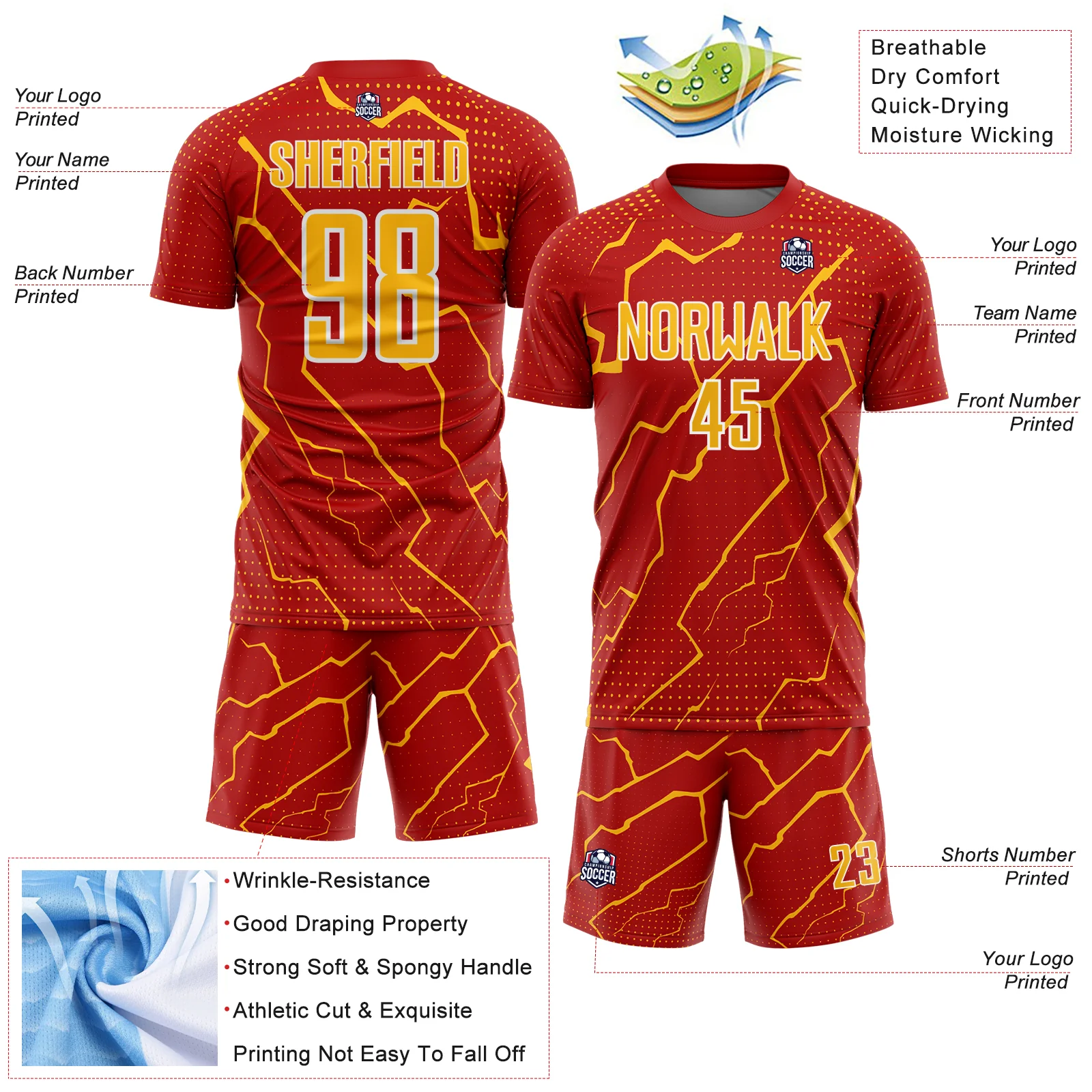 Custom Red Gold-White Lightning Sports Sublimation Soccer Uniform Jersey - Image 4