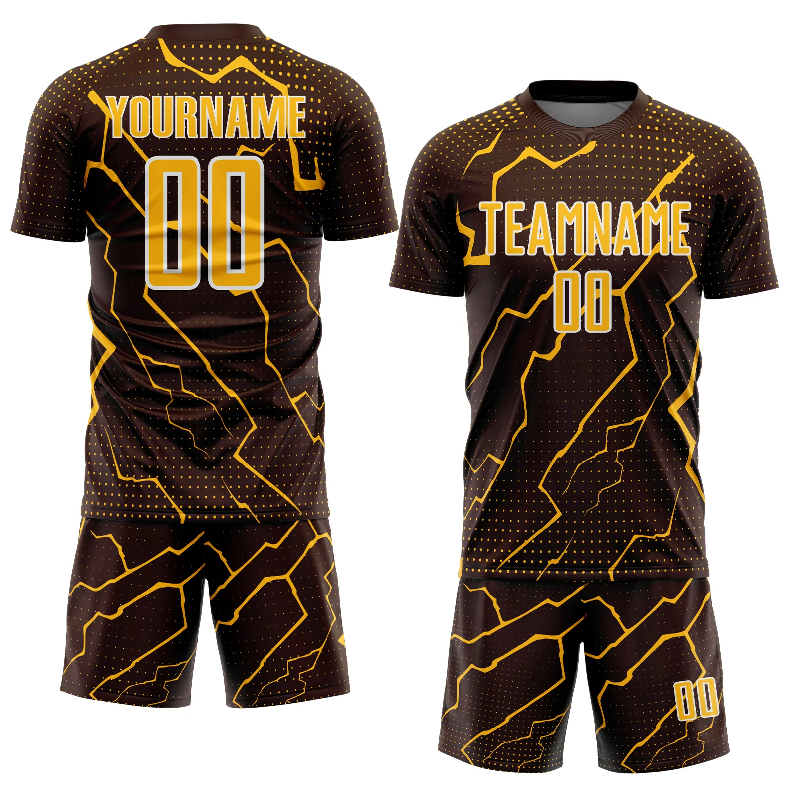 Custom Brown Gold-White Lightning Sports Sublimation Soccer Uniform Jersey - Image 2