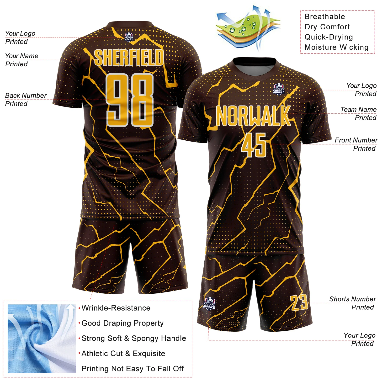Custom Brown Gold-White Lightning Sports Sublimation Soccer Uniform Jersey - Image 4