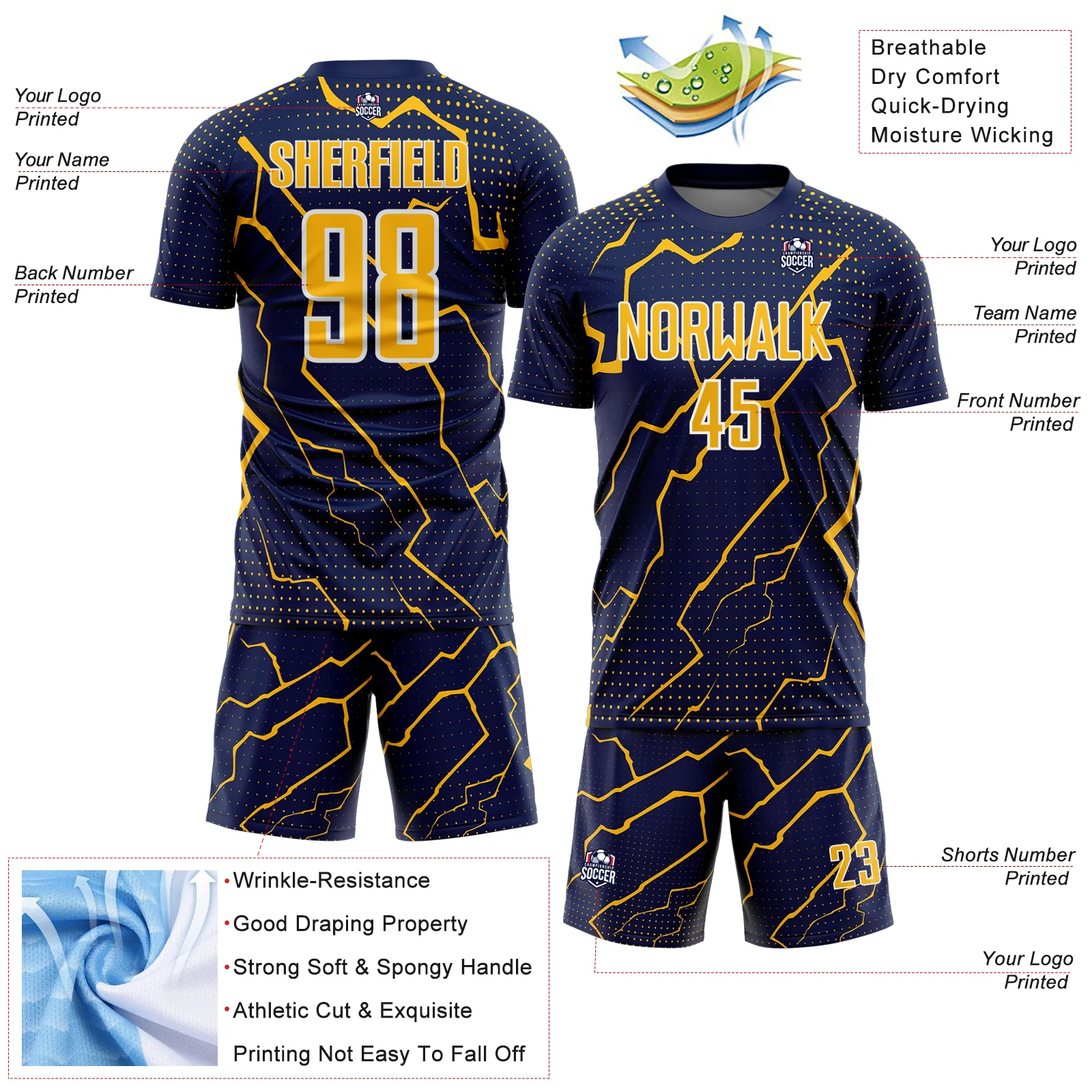 Custom Navy Gold-White Lightning Sports Sublimation Soccer Uniform Jersey - Image 4