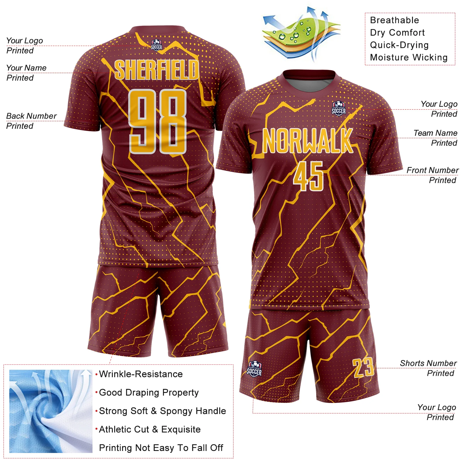 Custom Burgundy Gold-White Lightning Sports Sublimation Soccer Uniform Jersey - Image 4