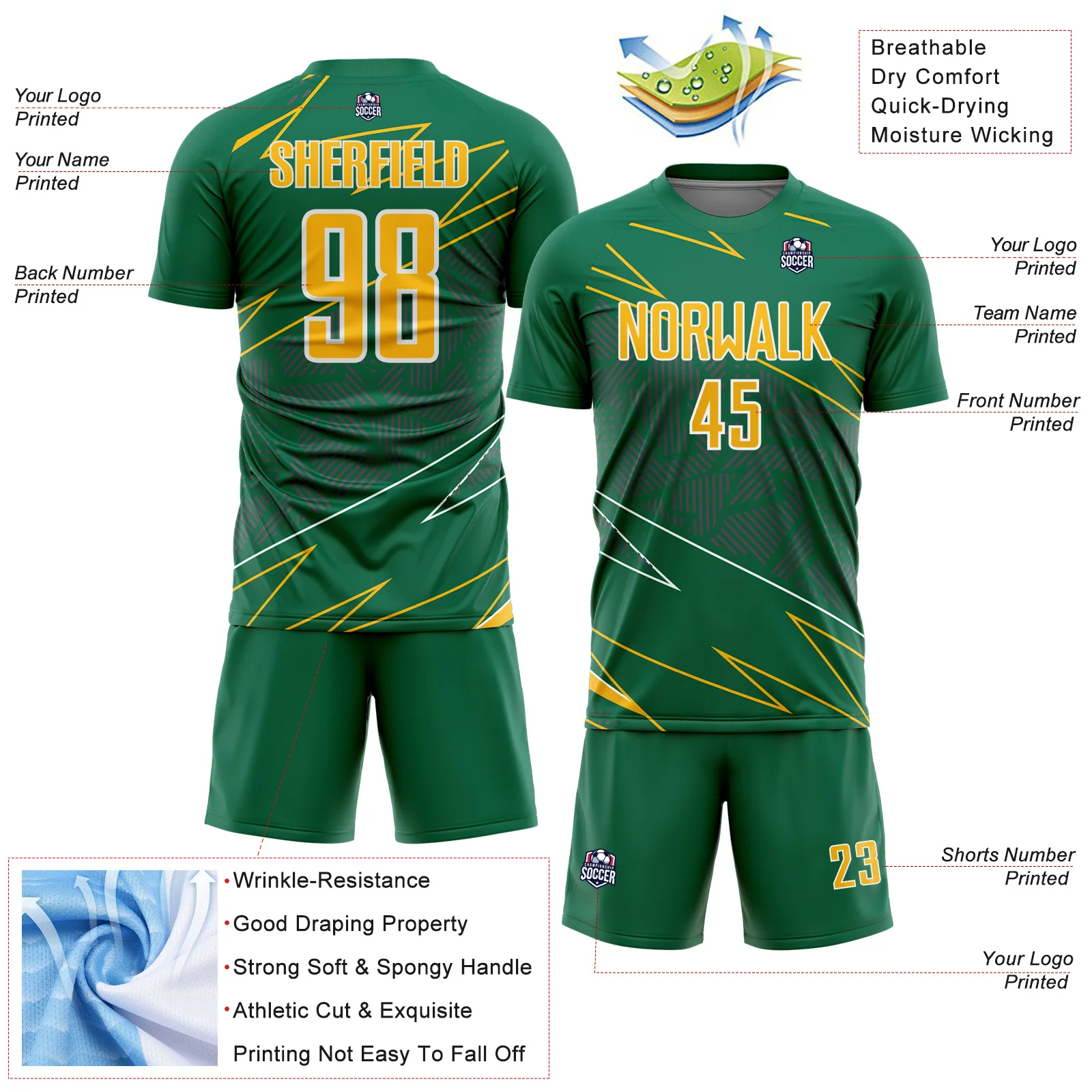 Custom Kelly Green Gold-White Lines Sports Sublimation Soccer Uniform Jersey - Image 4