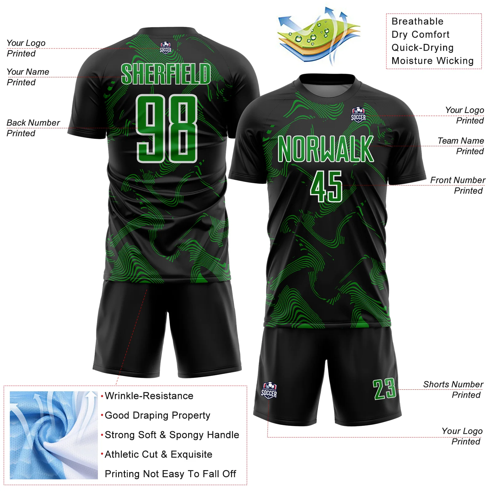 Custom Black Grass Green-White Curve Lines Sports Sublimation Soccer Uniform Jersey - Image 4