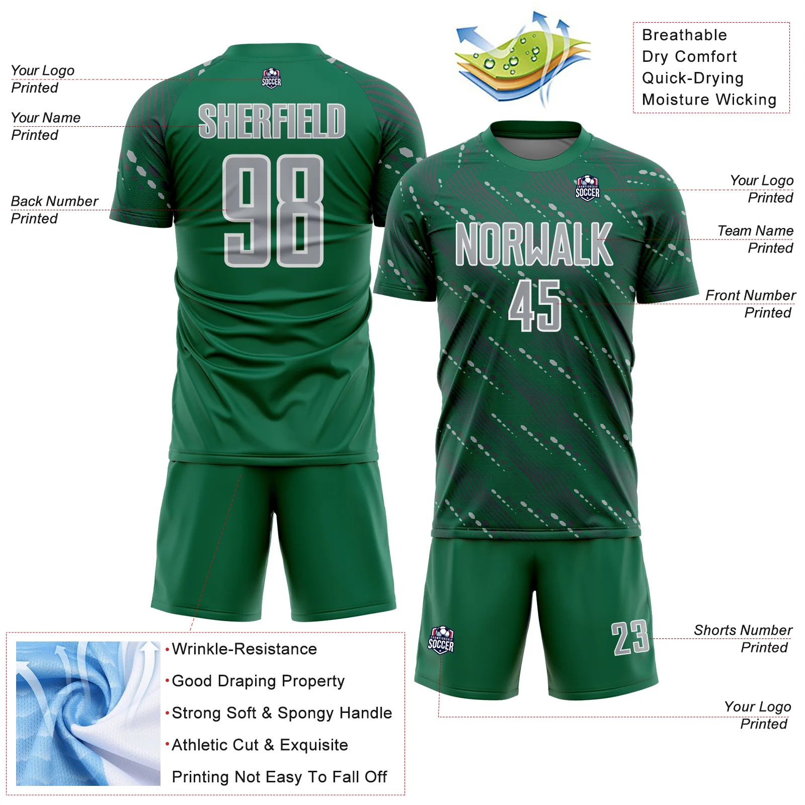 Custom Kelly Green Gray-White Slant Lines Sports Sublimation Soccer Uniform Jersey - Image 4
