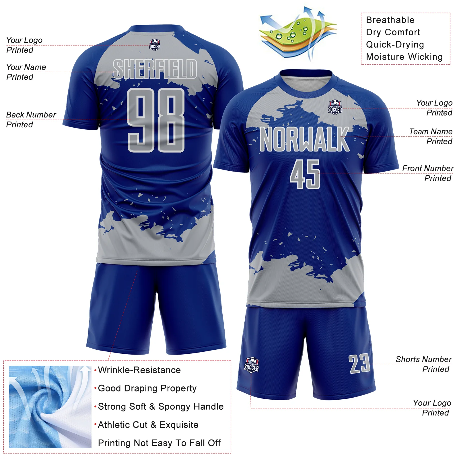 Custom Royal Gray-White Abstract Fragment Art Sublimation Soccer Uniform Jersey - Image 4