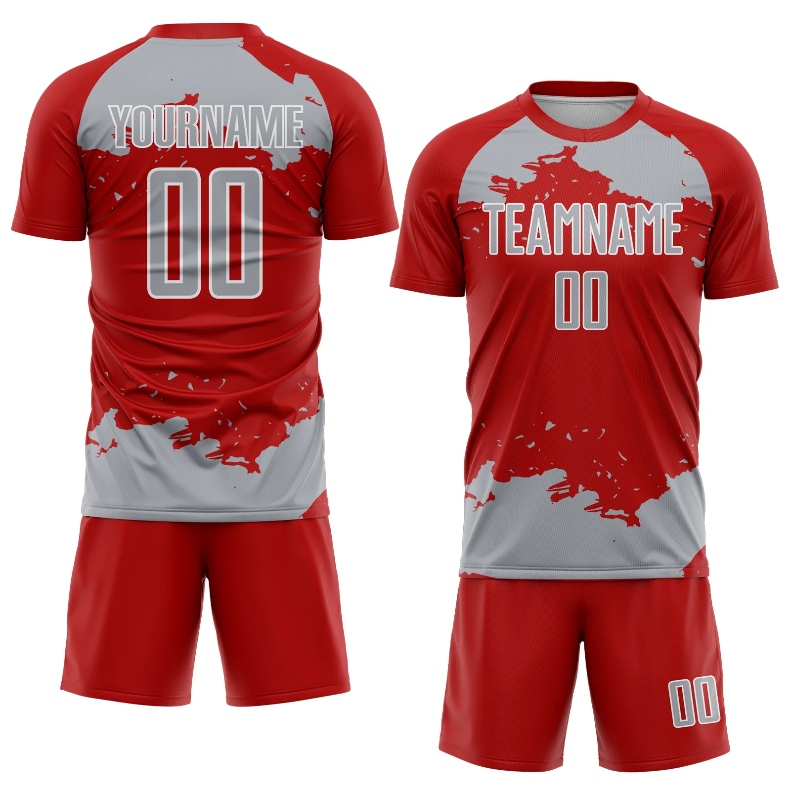Custom Red Gray-White Abstract Fragment Art Sublimation Soccer Uniform Jersey - Image 2