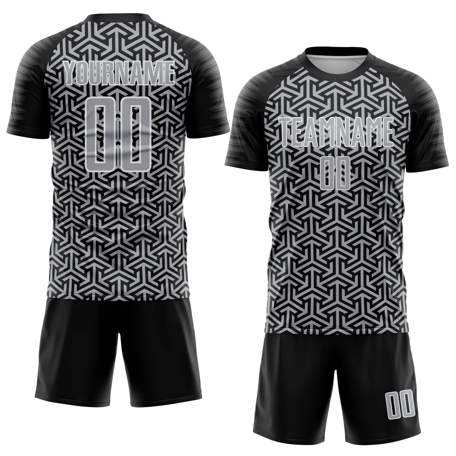 Custom Black Gray-White Geometric Arrow Sublimation Soccer Uniform Jersey - Image 2