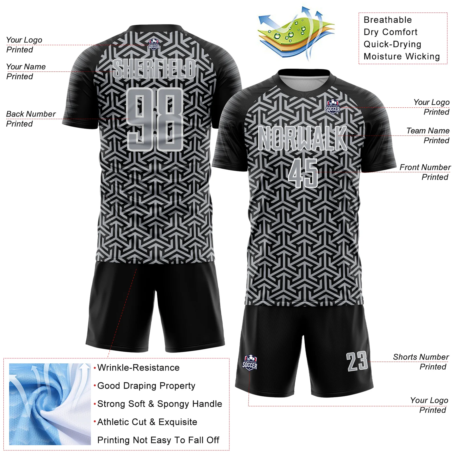 Custom Black Gray-White Geometric Arrow Sublimation Soccer Uniform Jersey - Image 4