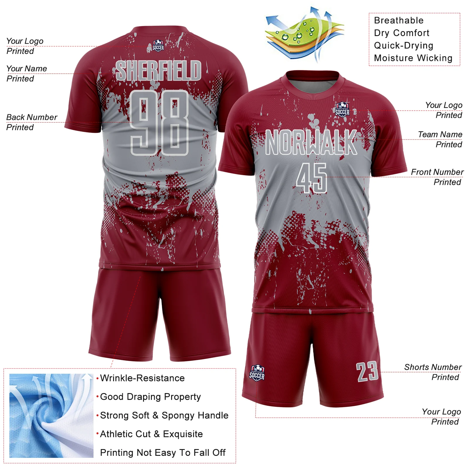 Custom Crimson Gray-White Abstract Splatter Grunge Art Sports Sublimation Soccer Uniform Jersey - Image 4