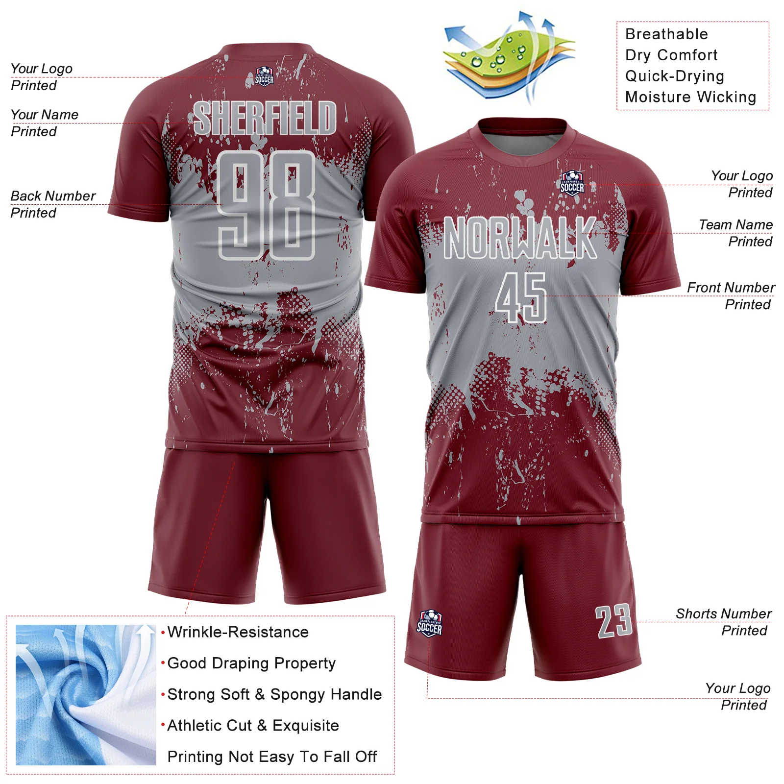 Custom Burgundy Gray-White Abstract Splatter Grunge Art Sports Sublimation Soccer Uniform Jersey - Image 4