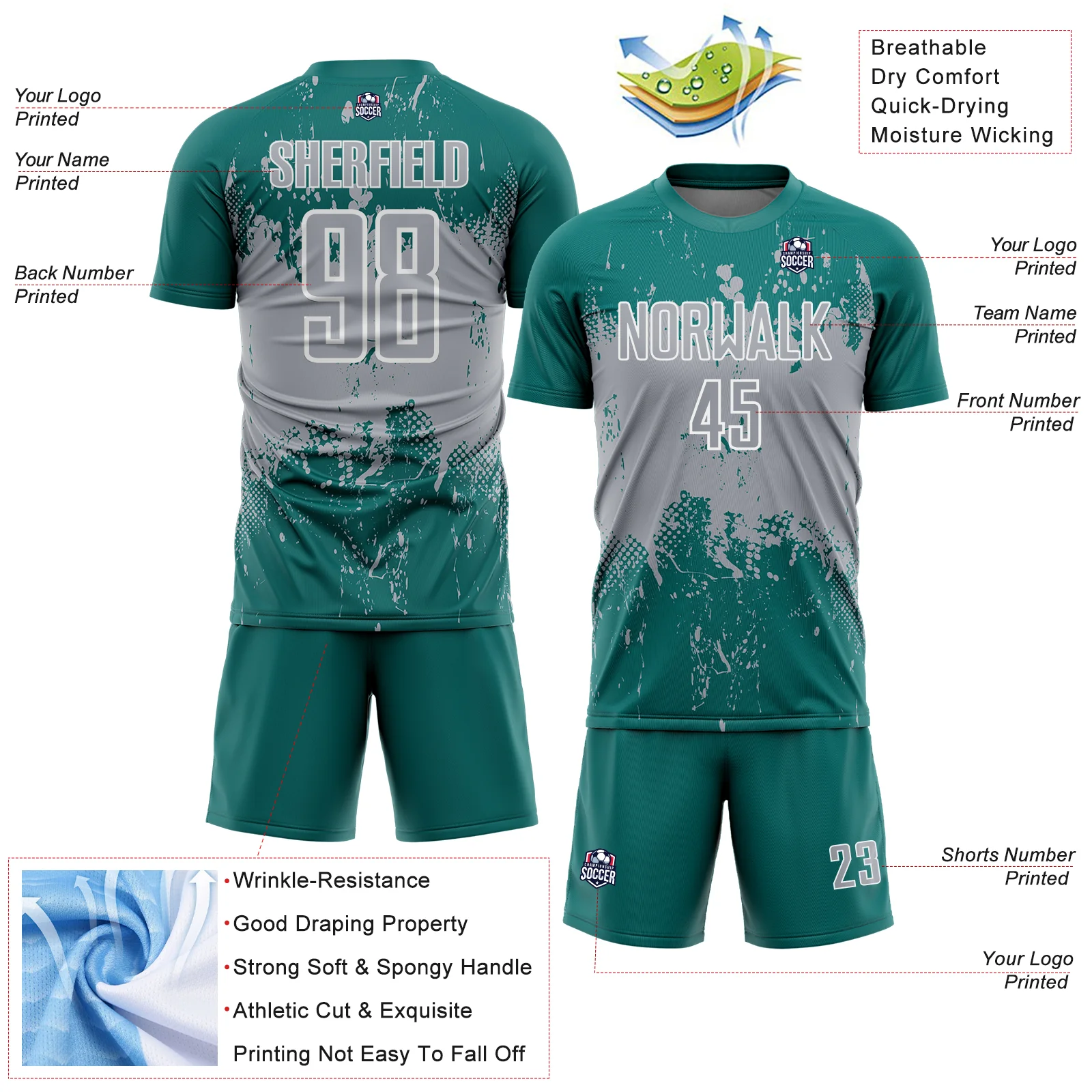 Custom Teal Gray-White Abstract Splatter Grunge Art Sports Sublimation Soccer Uniform Jersey - Image 4