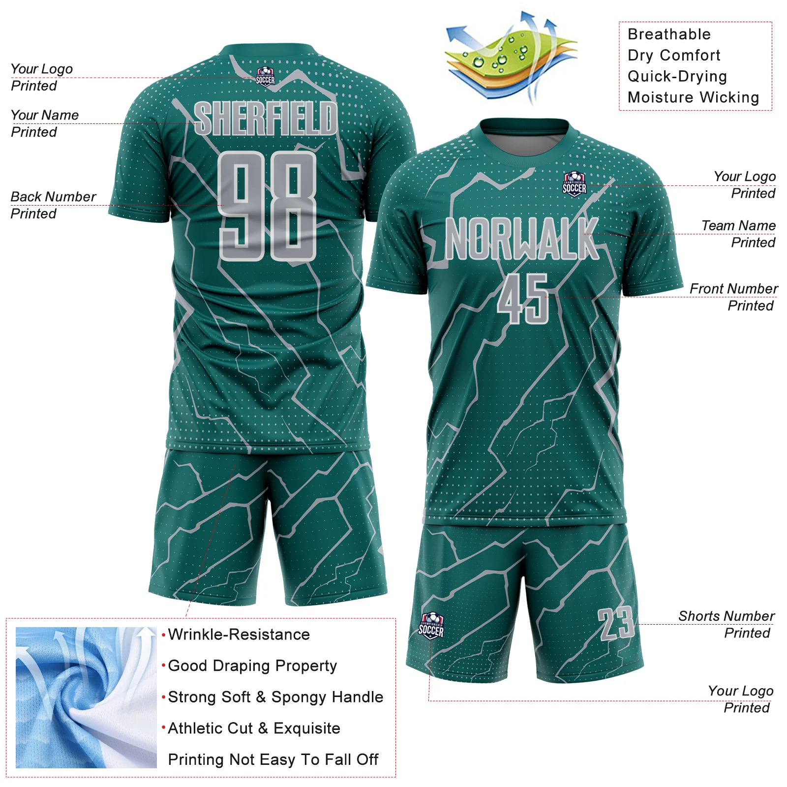 Custom Teal Gray-White Lightning Sports Sublimation Soccer Uniform Jersey - Image 4