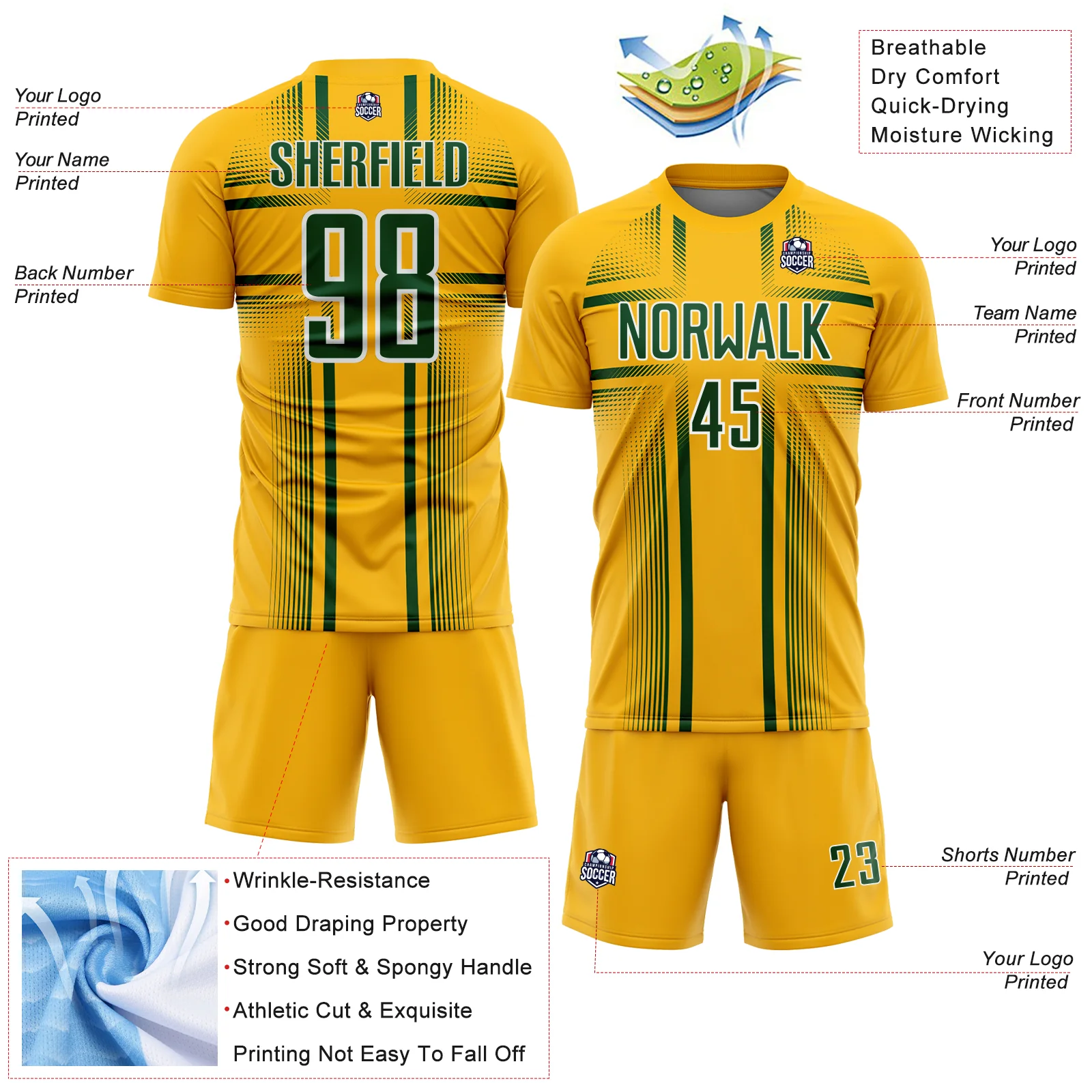Custom Gold Green-White Lines Sublimation Soccer Uniform Jersey - Image 4