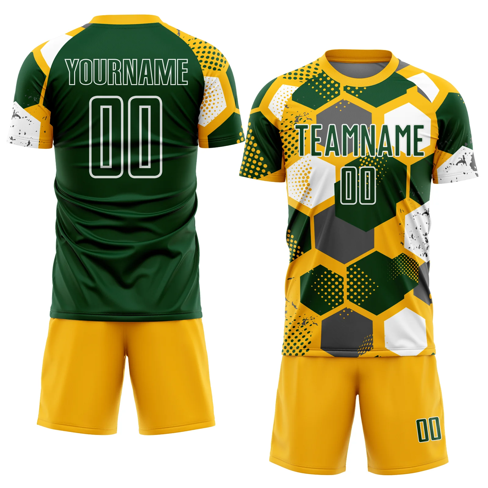 Custom Gold Green-White Geometric Shape Sublimation Soccer Uniform Jersey - Image 2