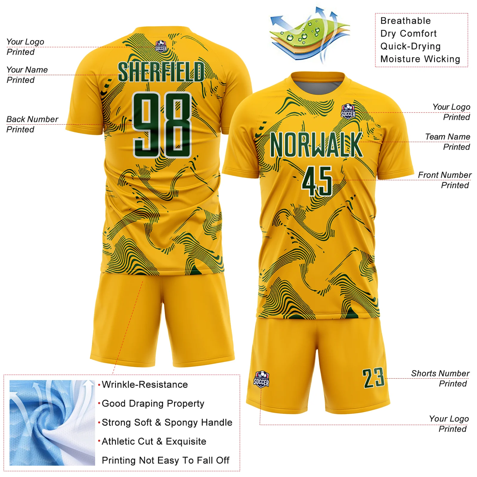 Custom Gold Green-White Curve Lines Sports Sublimation Soccer Uniform Jersey - Image 4