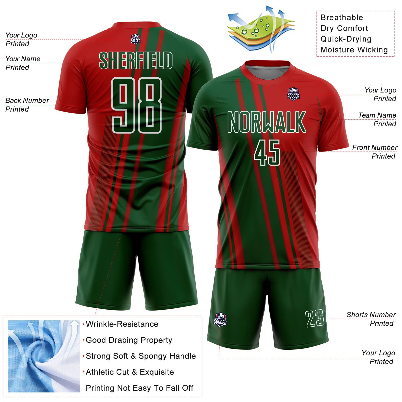Custom Red Green-White Lines Sports Sublimation Soccer Uniform Jersey - Image 4