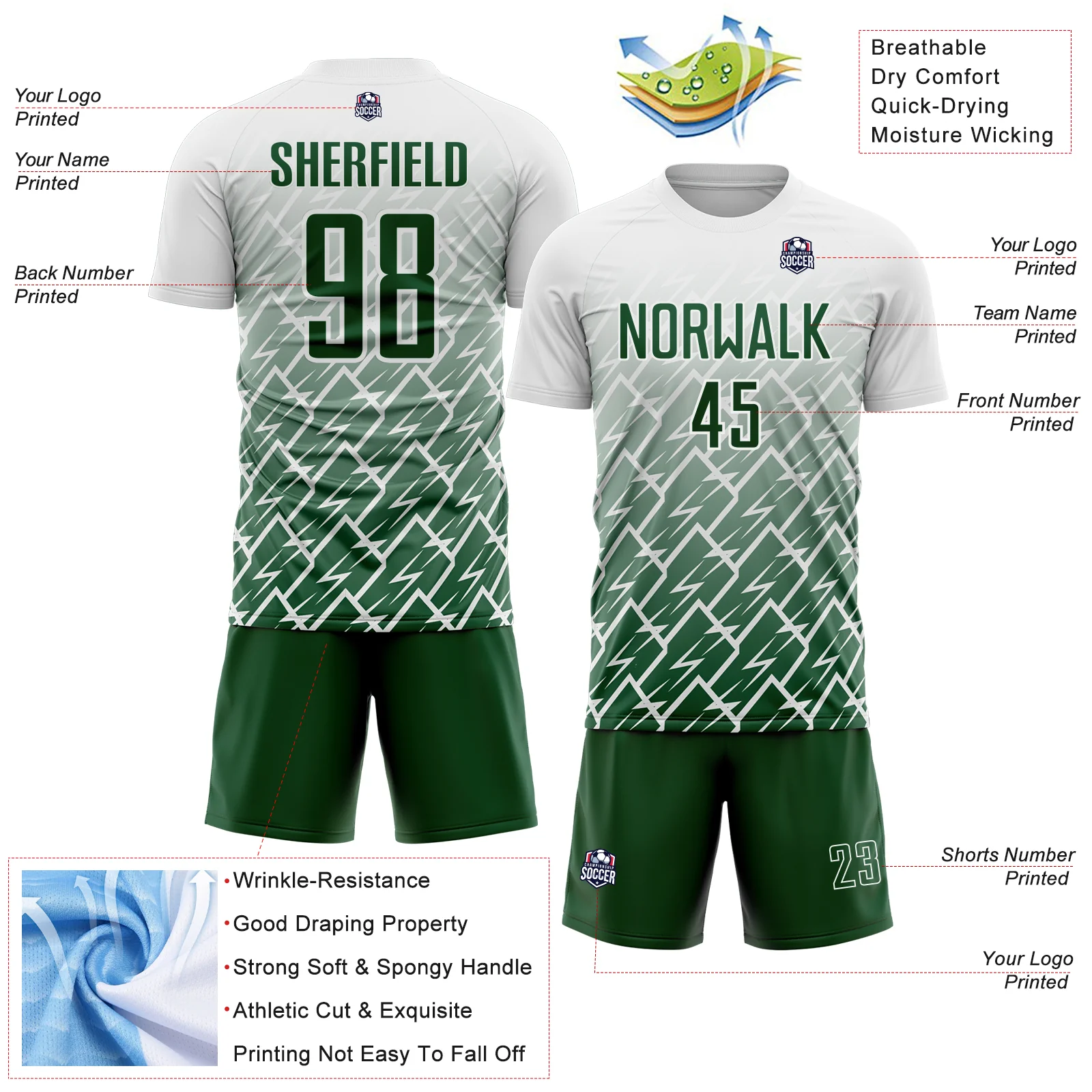 Custom White Green Lightning Sports Sublimation Soccer Uniform Jersey - Image 4