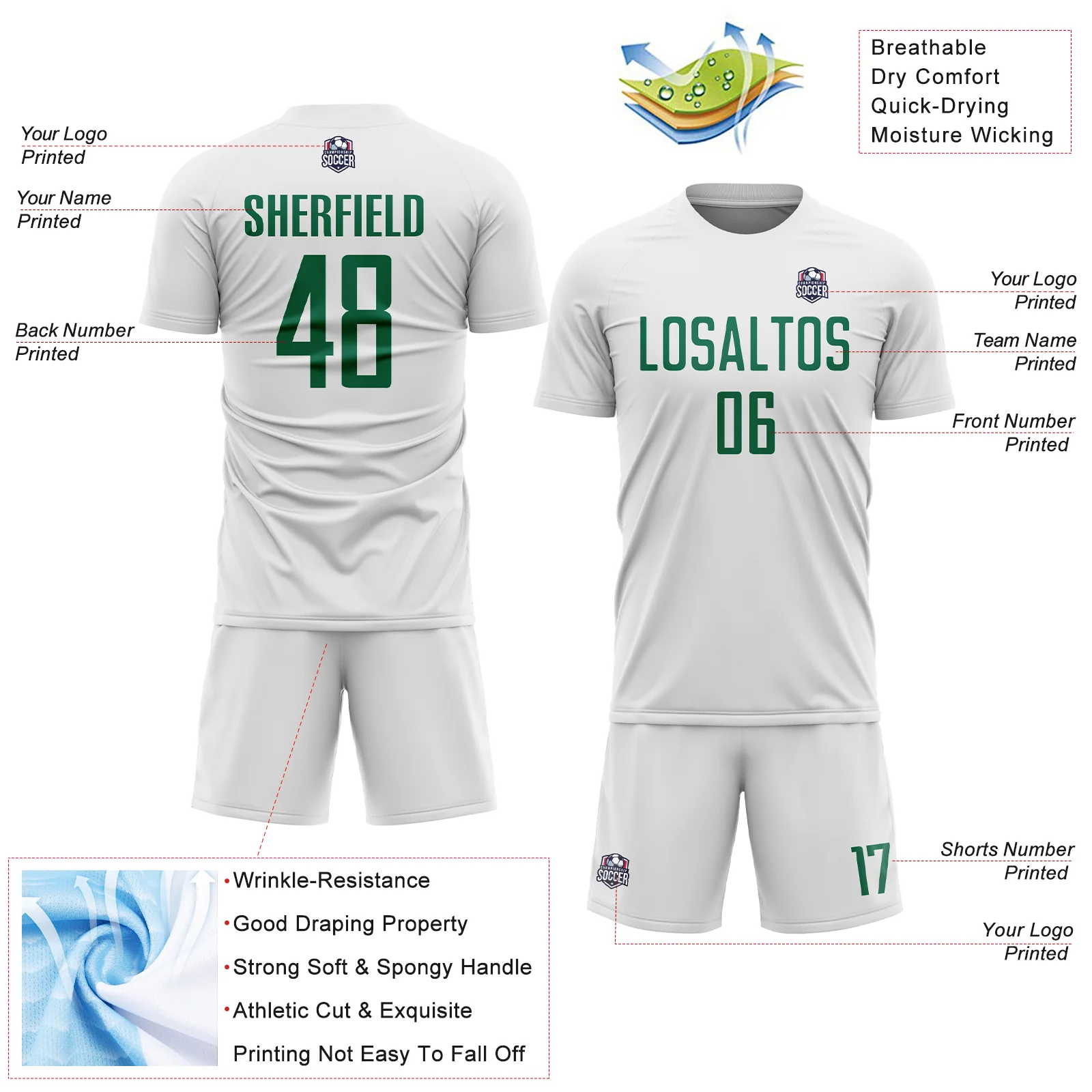 Custom White Kelly Green Sublimation Soccer Uniform Jersey - Image 4