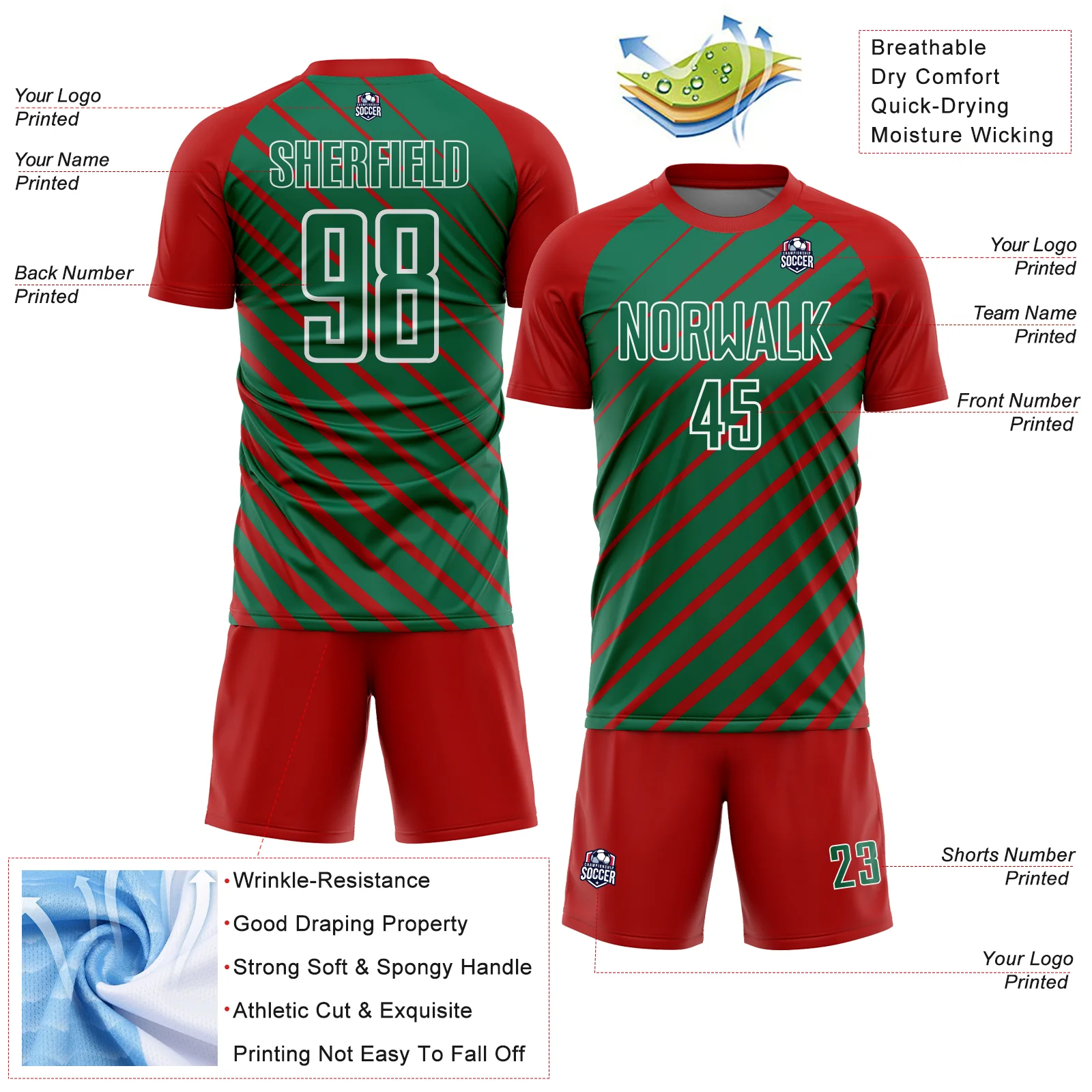 Custom Red Kelly Green-White Lines Sublimation Soccer Uniform Jersey - Image 4