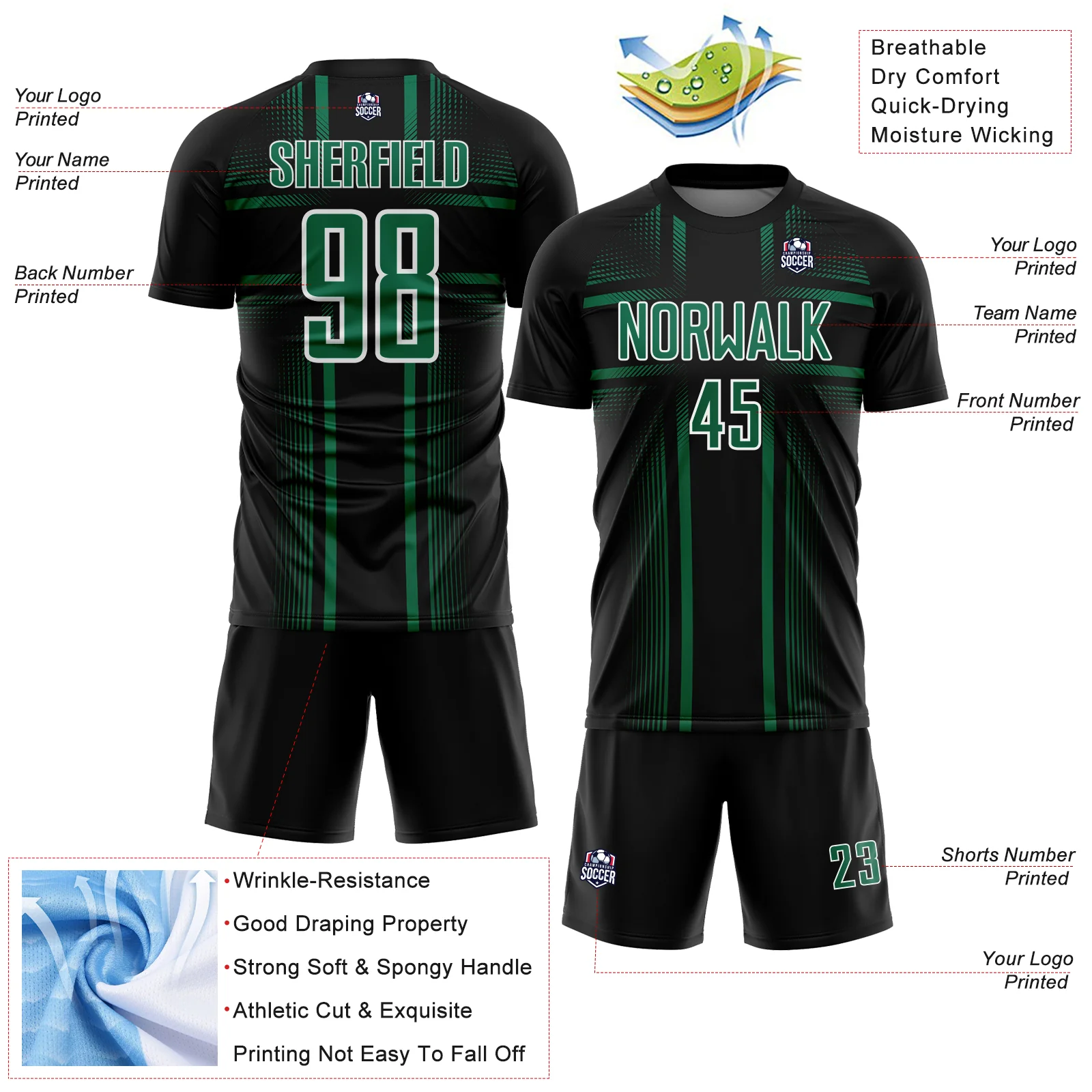 Custom Black Kelly Green-White Lines Sublimation Soccer Uniform Jersey - Image 4