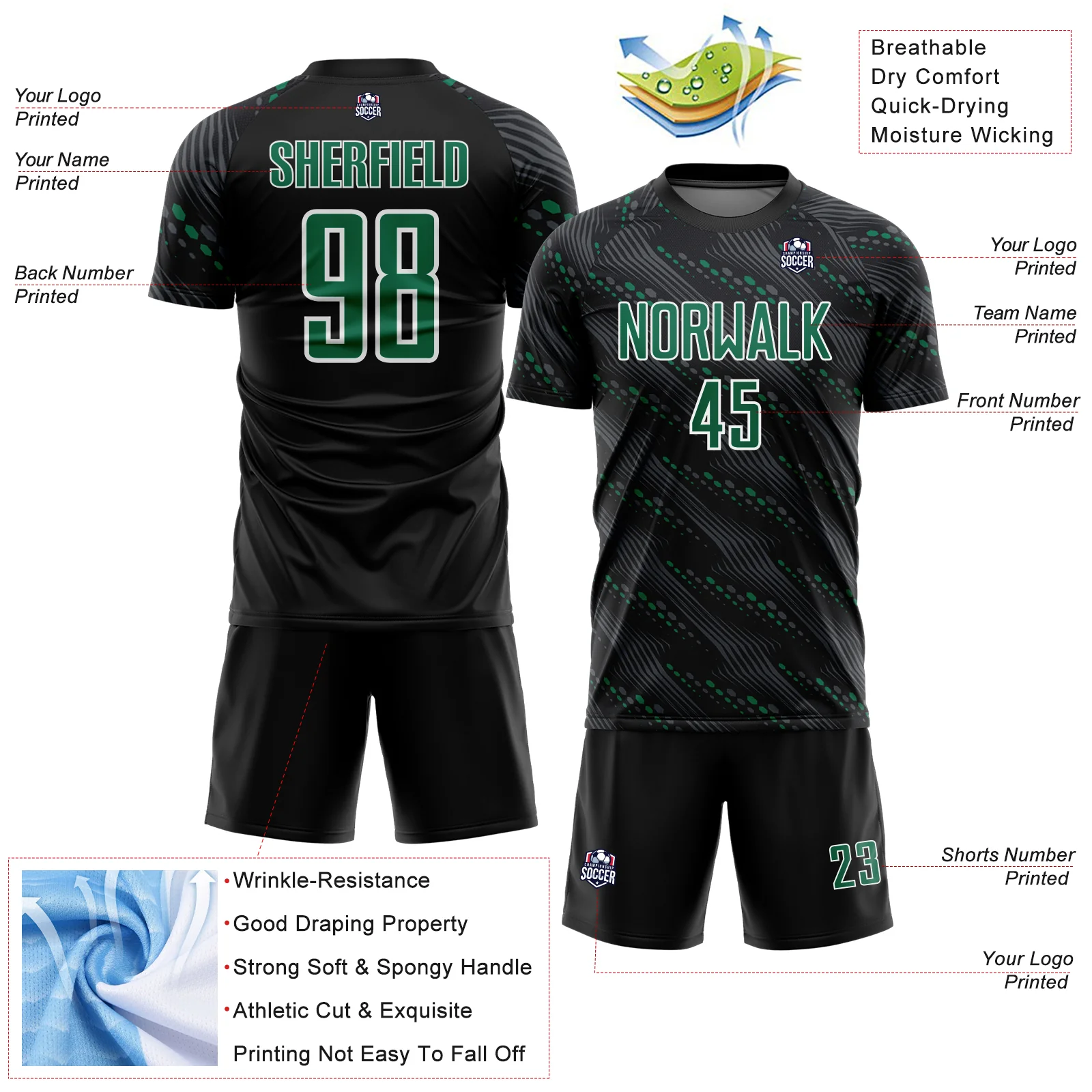 Custom Black Kelly Green-White Slant Lines Sports Sublimation Soccer Uniform Jersey - Image 4