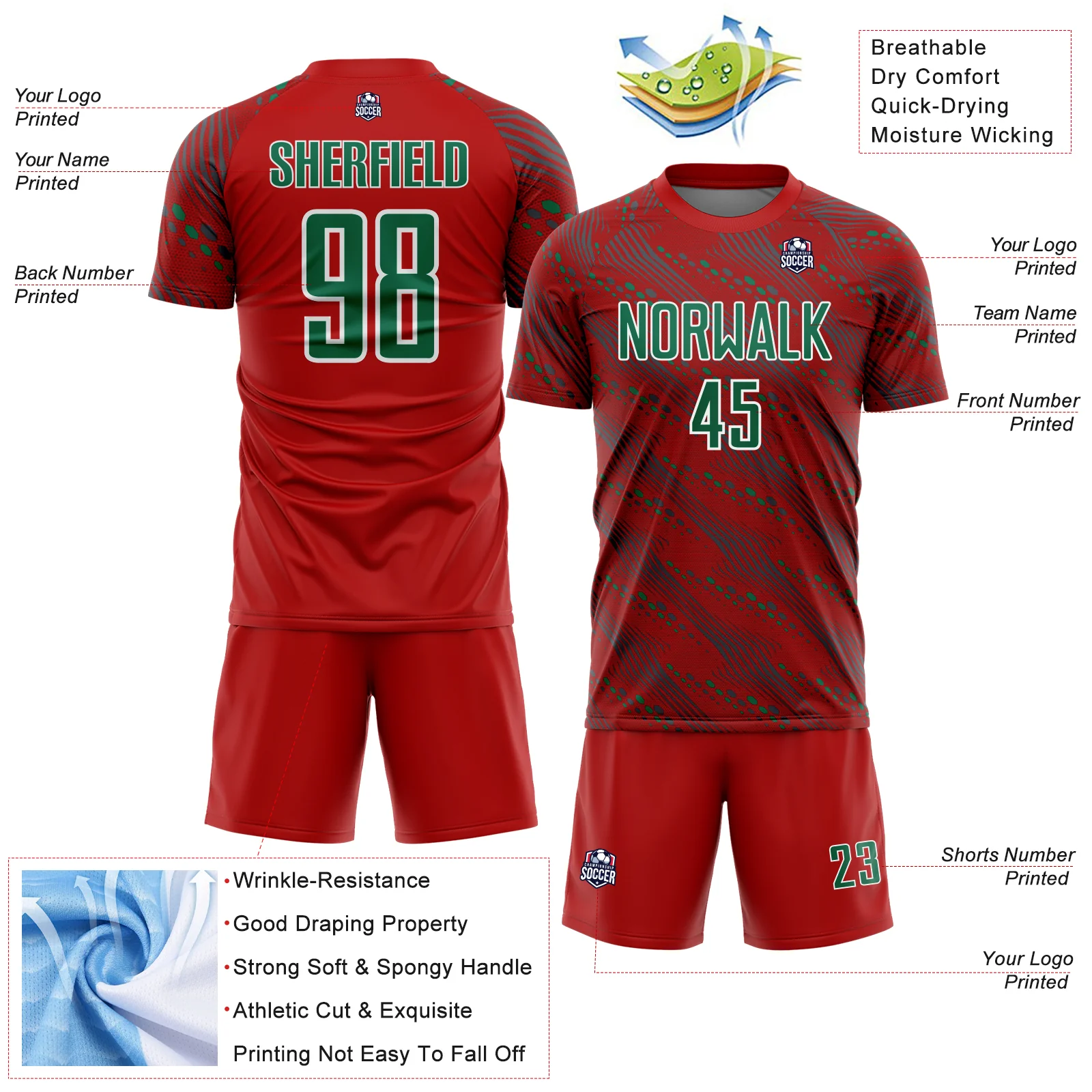 Custom Red Kelly Green-White Slant Lines Sports Sublimation Soccer Uniform Jersey - Image 4